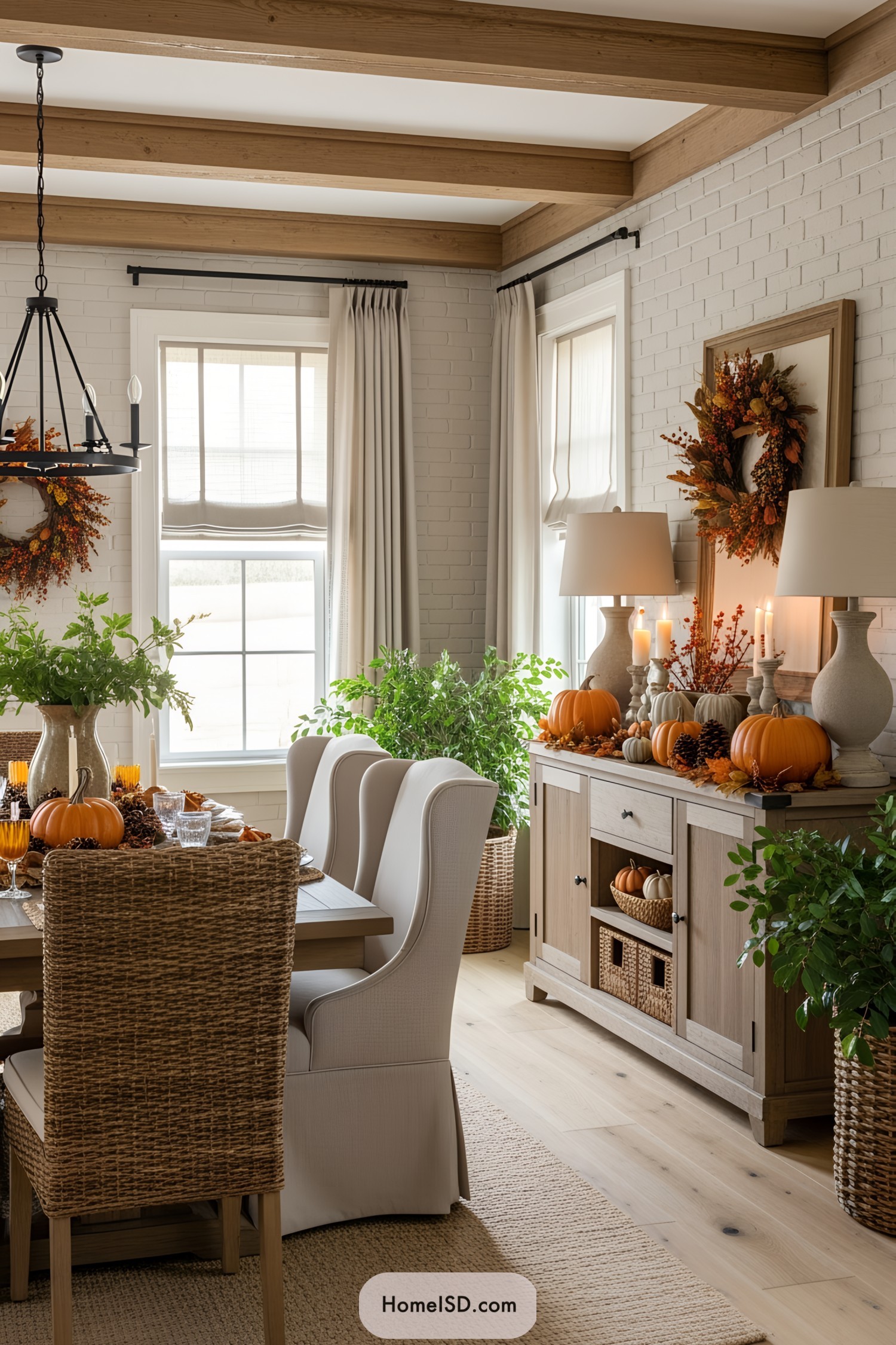 Dining room with fall-themed decorations featuring wreaths and pumpkins