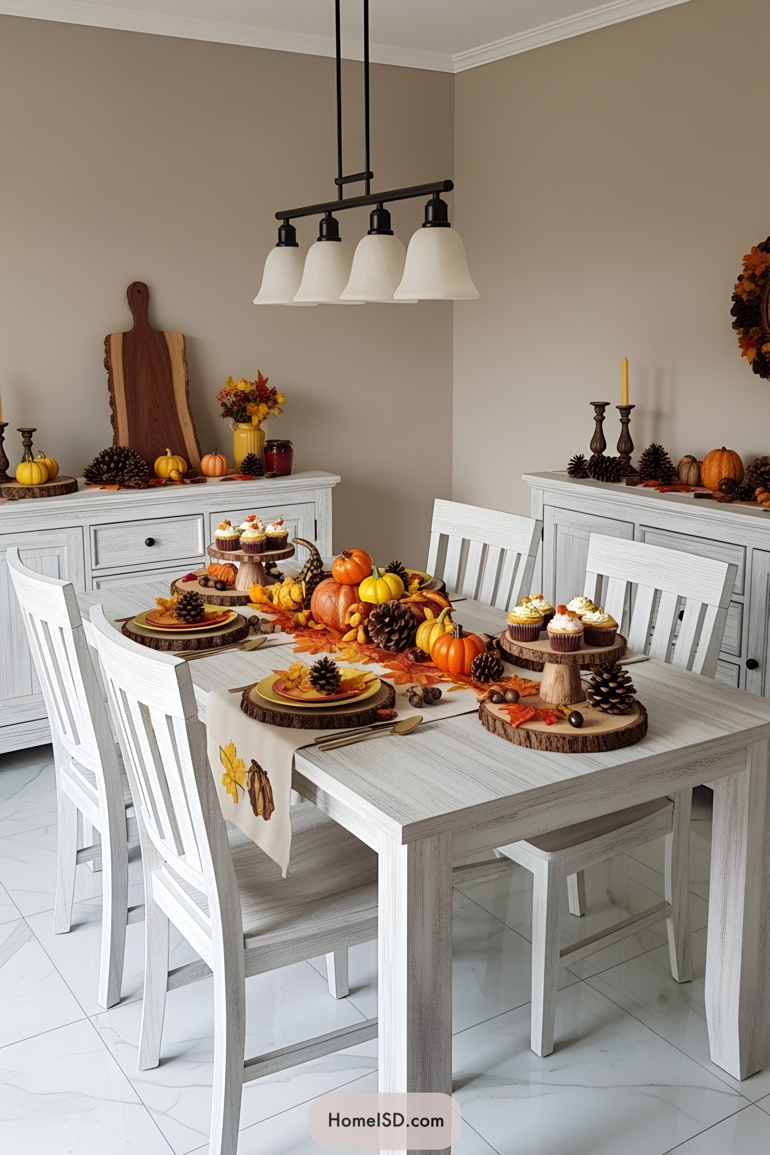 Dining table adorned with pumpkins, pinecones, and autumn leaves