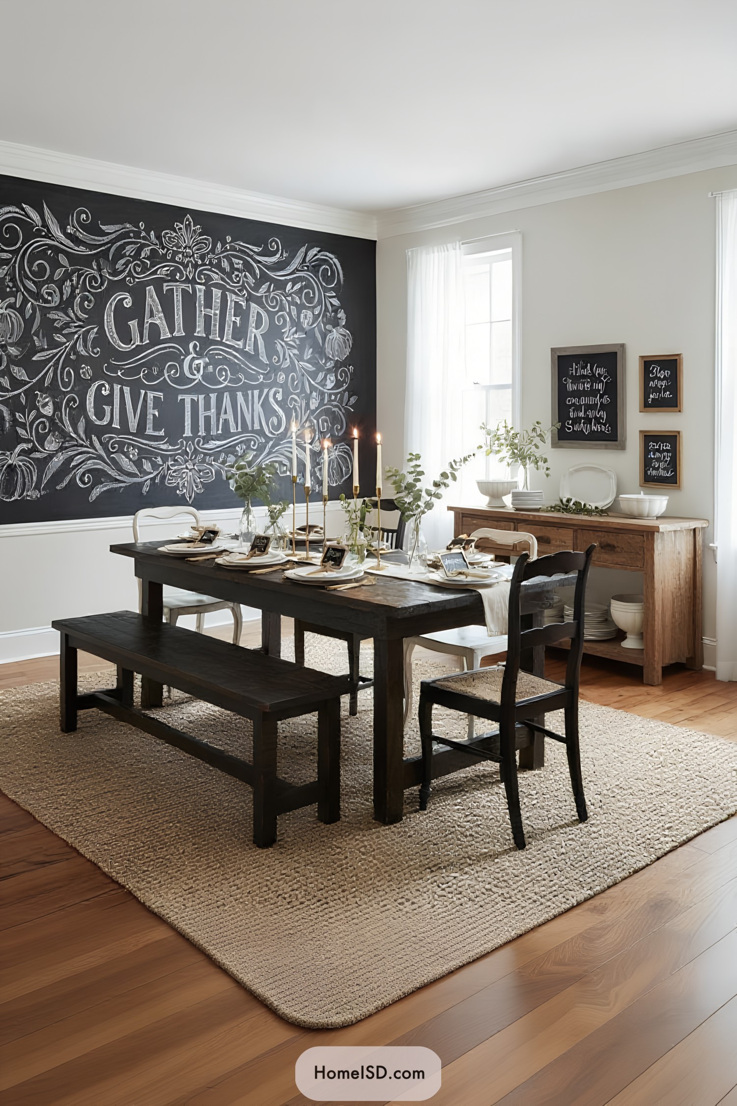 Dining room with an elaborate Thanksgiving chalkboard wall and rustic decor
