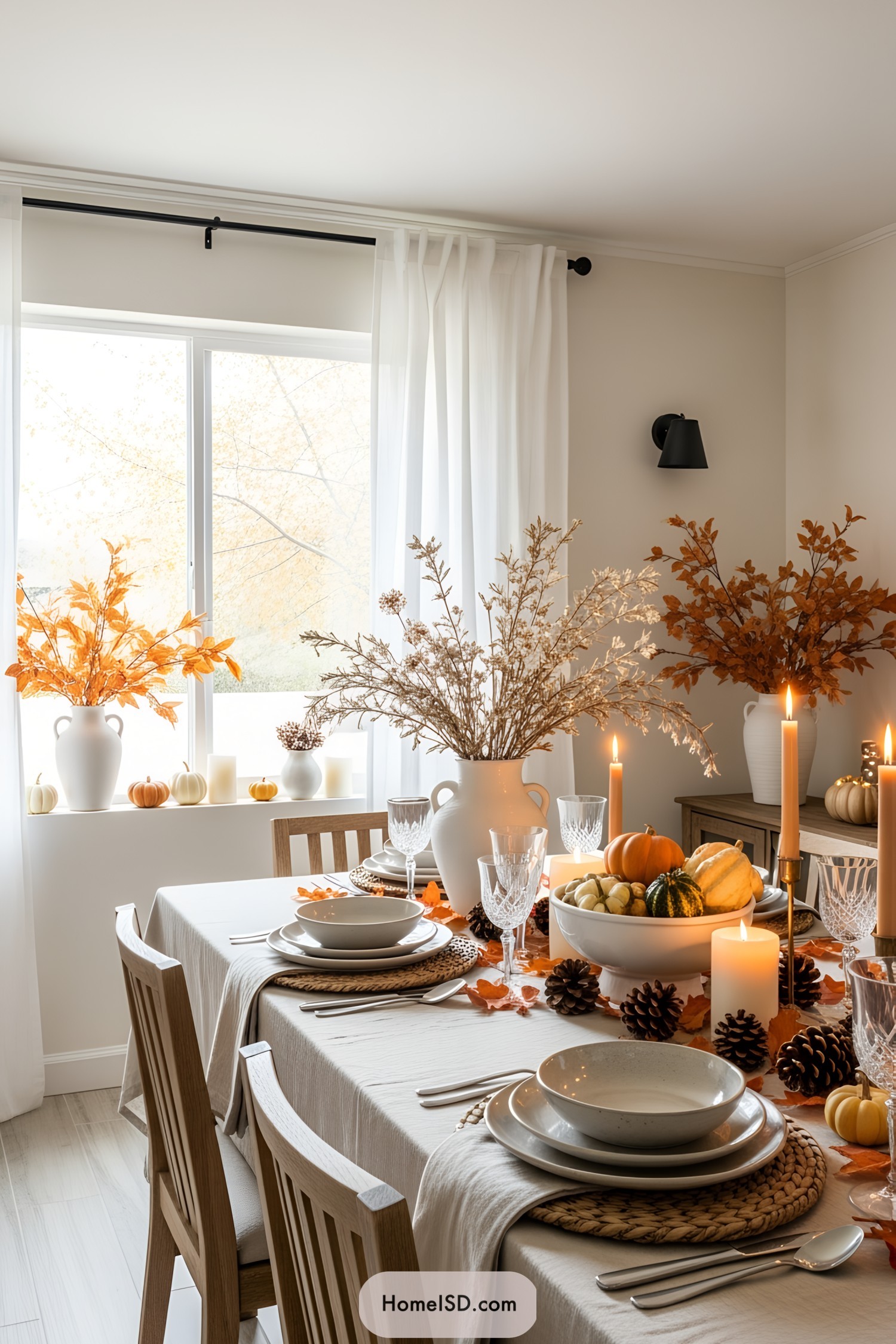 Thanksgiving table with pumpkins and autumn decor