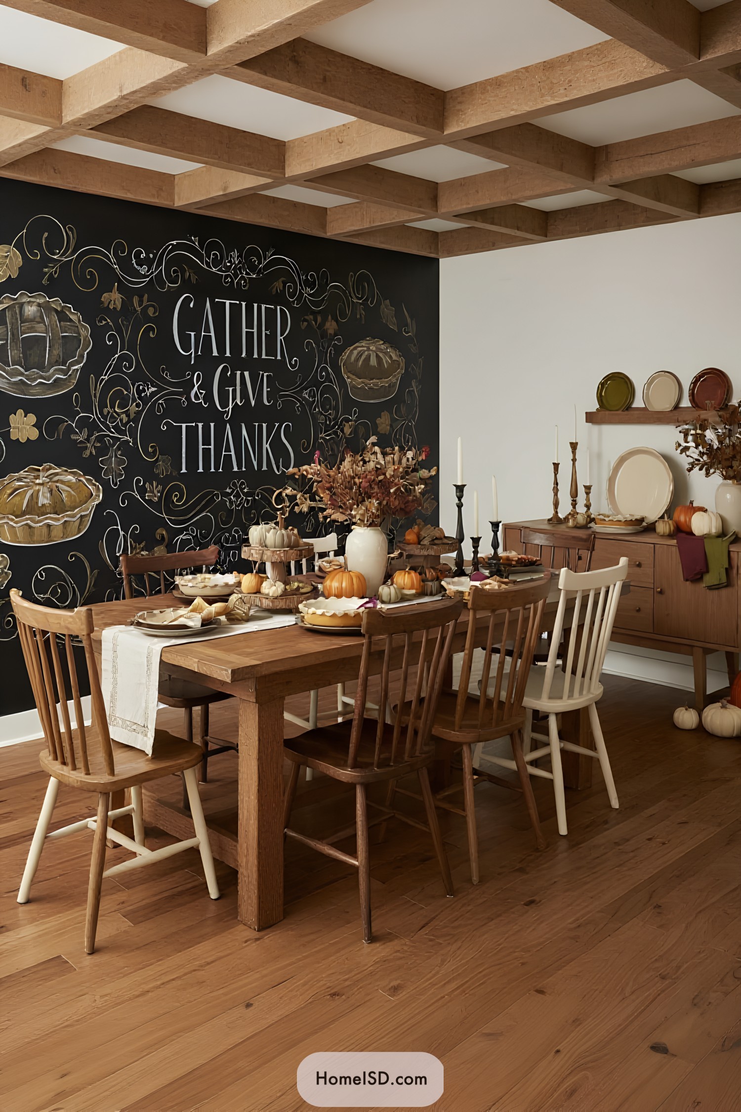 Thanksgiving-themed decorated dining room with a chalkboard wall and rustic table setting