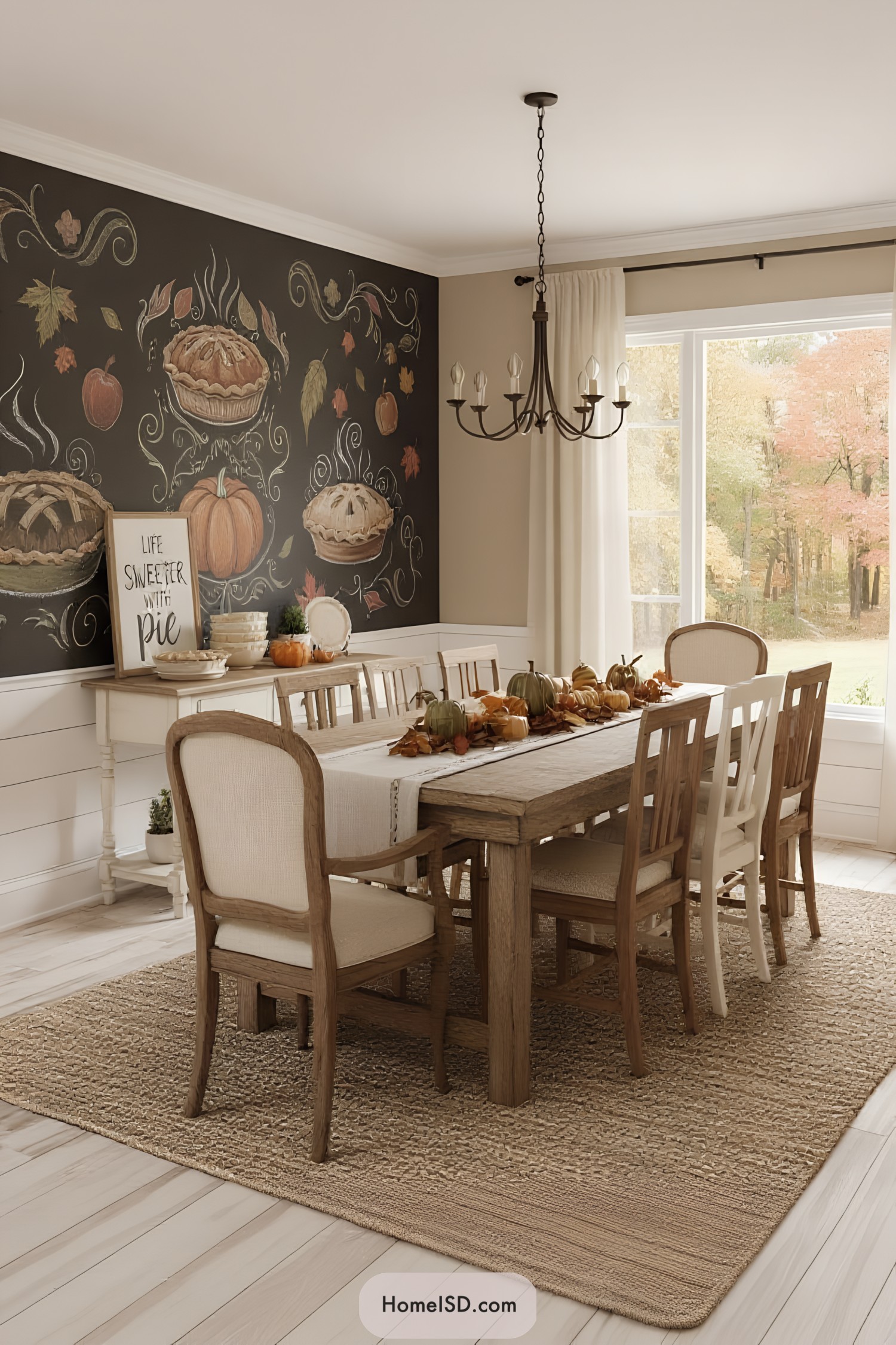 Dining room with Thanksgiving-themed chalkboard art featuring pies and pumpkins