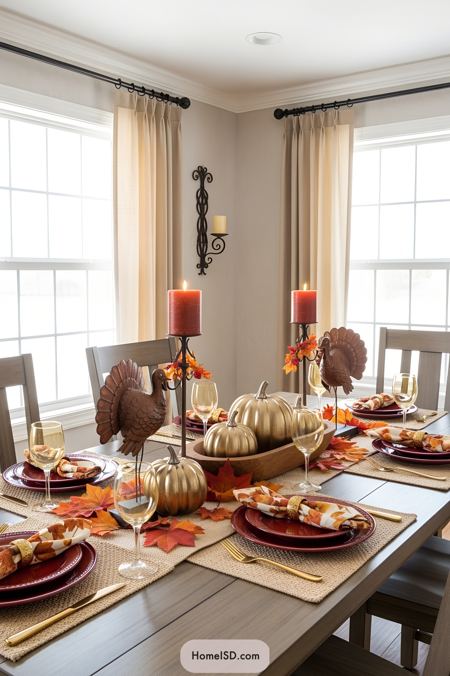 Elegant thanksgiving table setting with gold pumpkins and turkey figurines