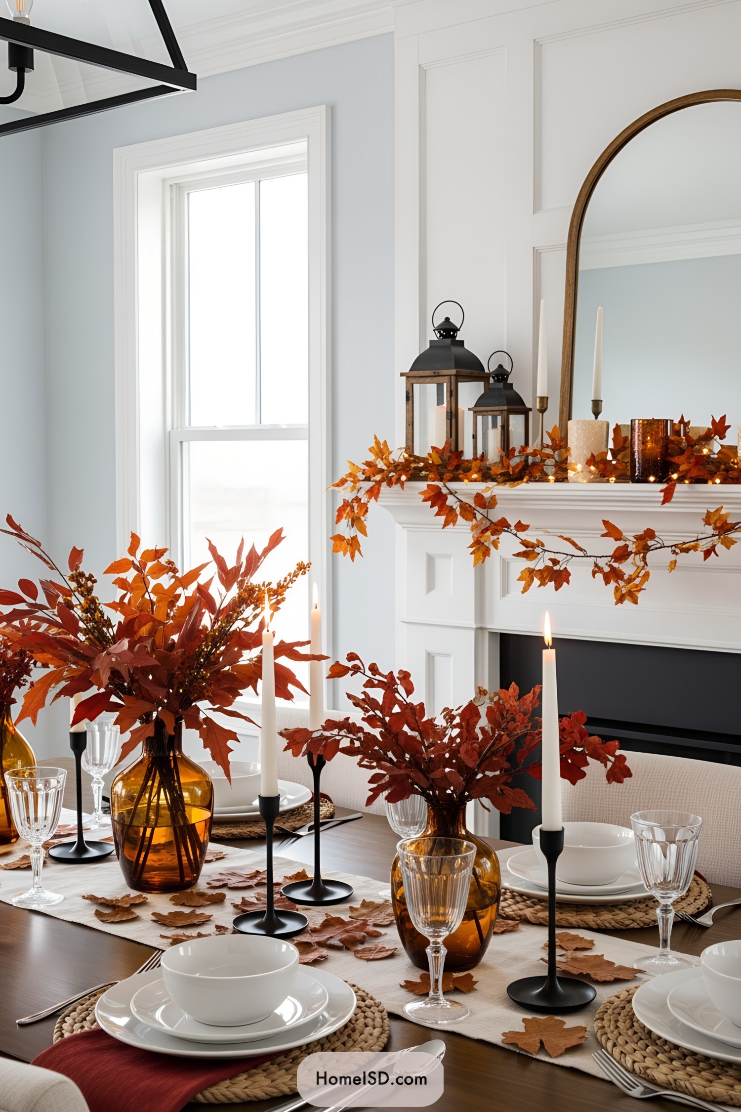 Elegant Thanksgiving table with autumn leaves and candles