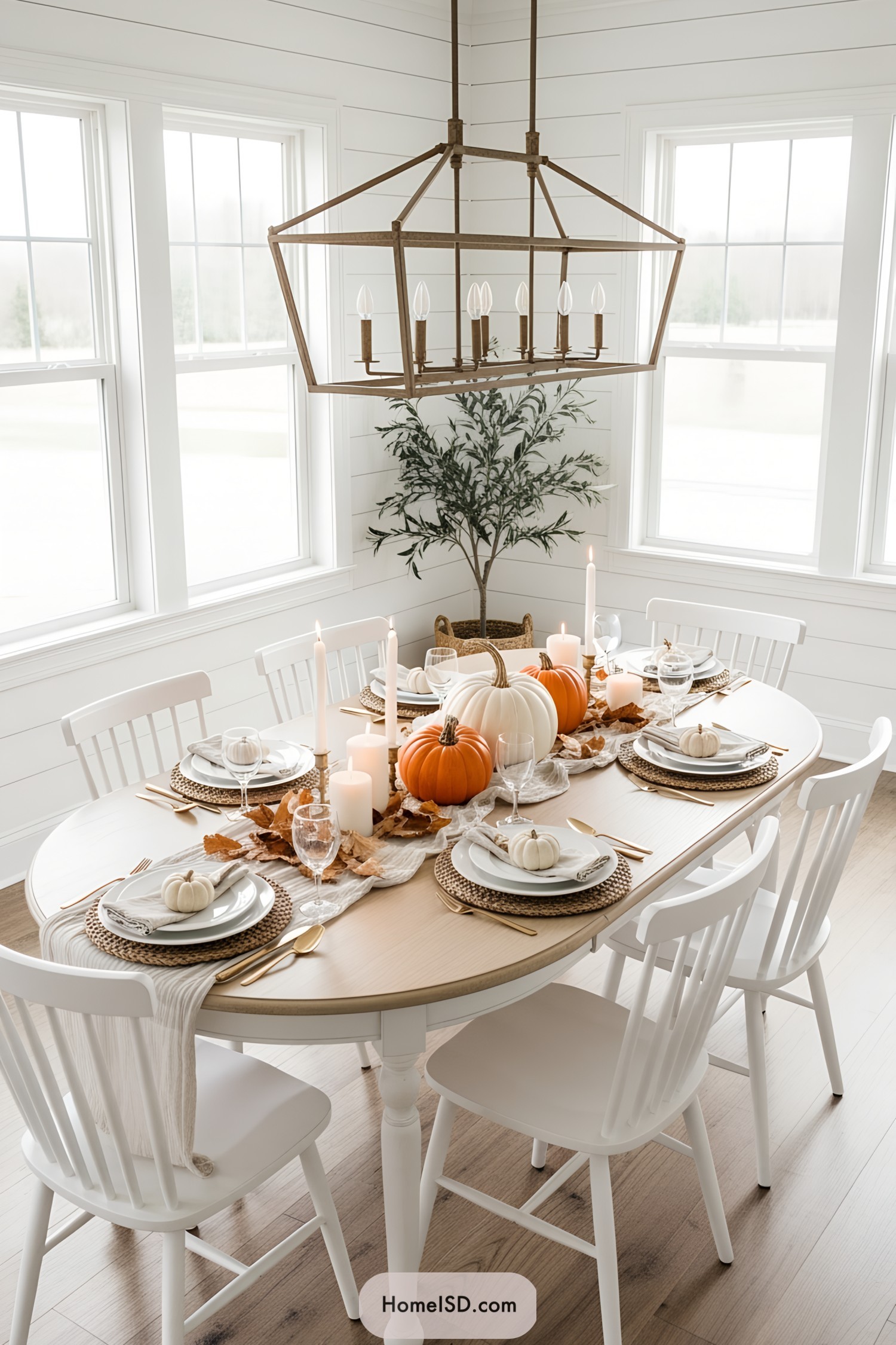 Elegant table setting with white and orange pumpkins and lit candles