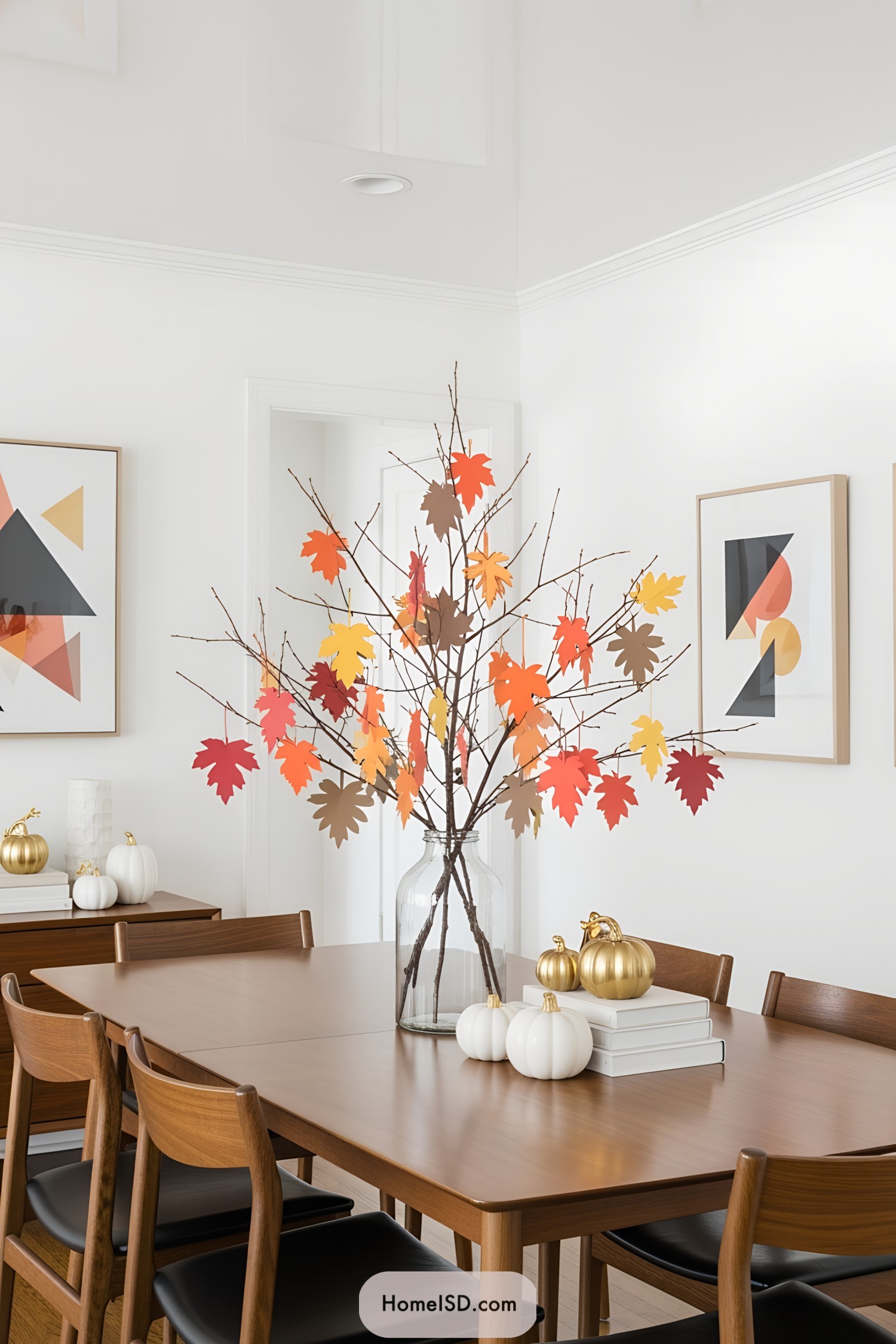 Branches adorned with colorful paper leaves sit on a dining table