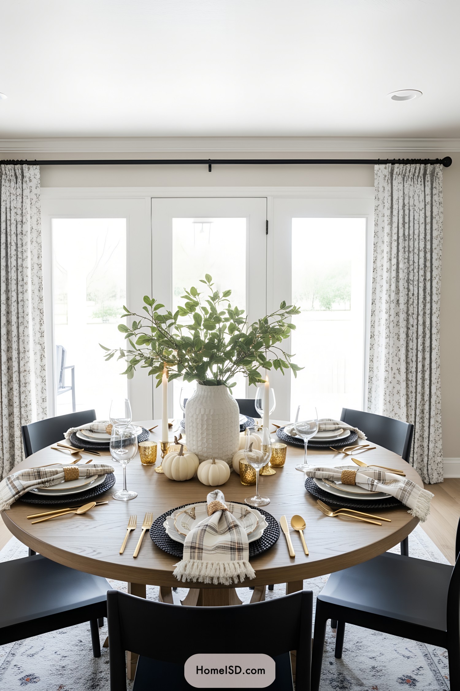 Round table with white pumpkins and greenery centerpiece