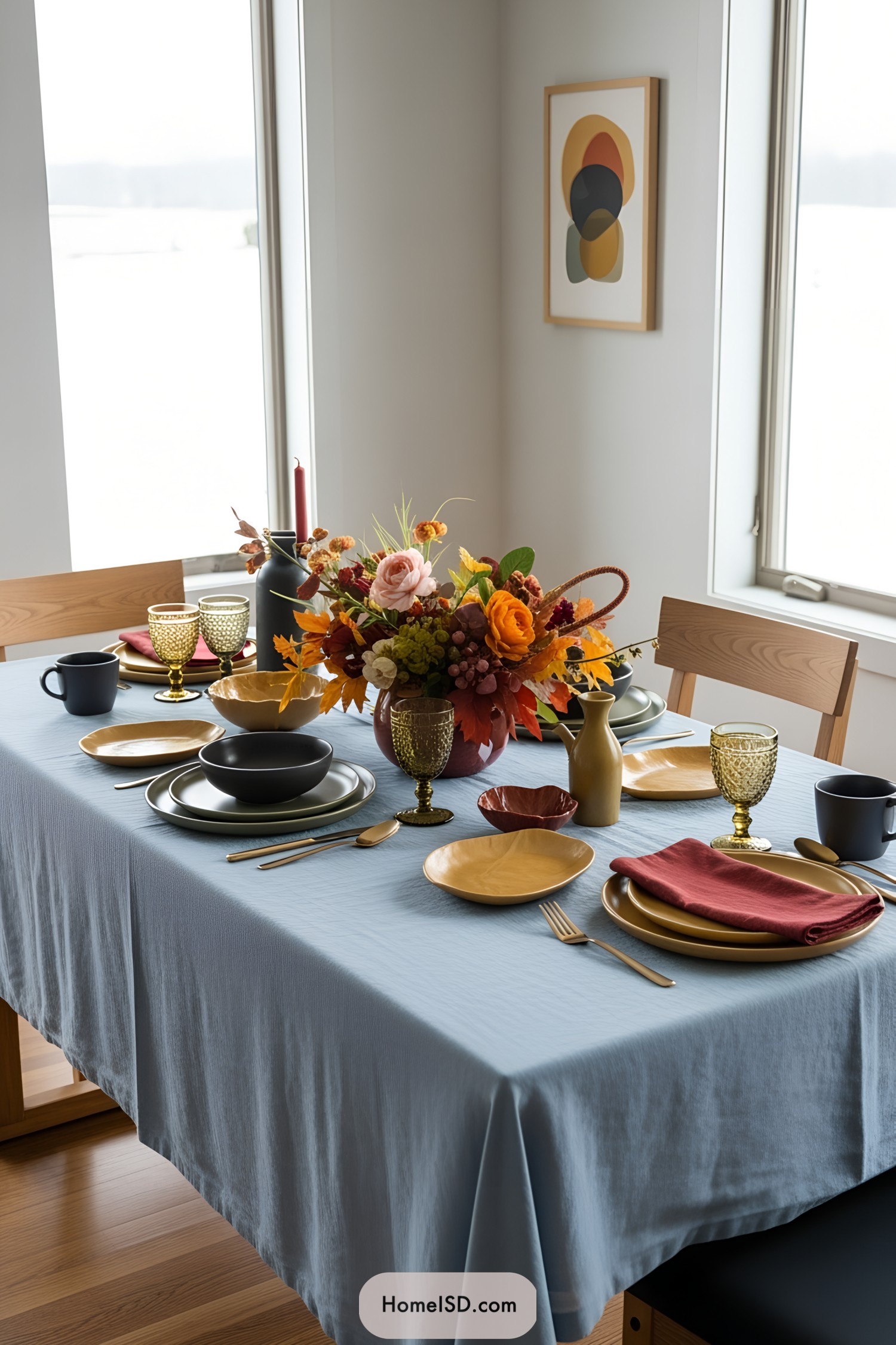 A colorful Thanksgiving centerpiece with autumn leaves and flowers on a dining table