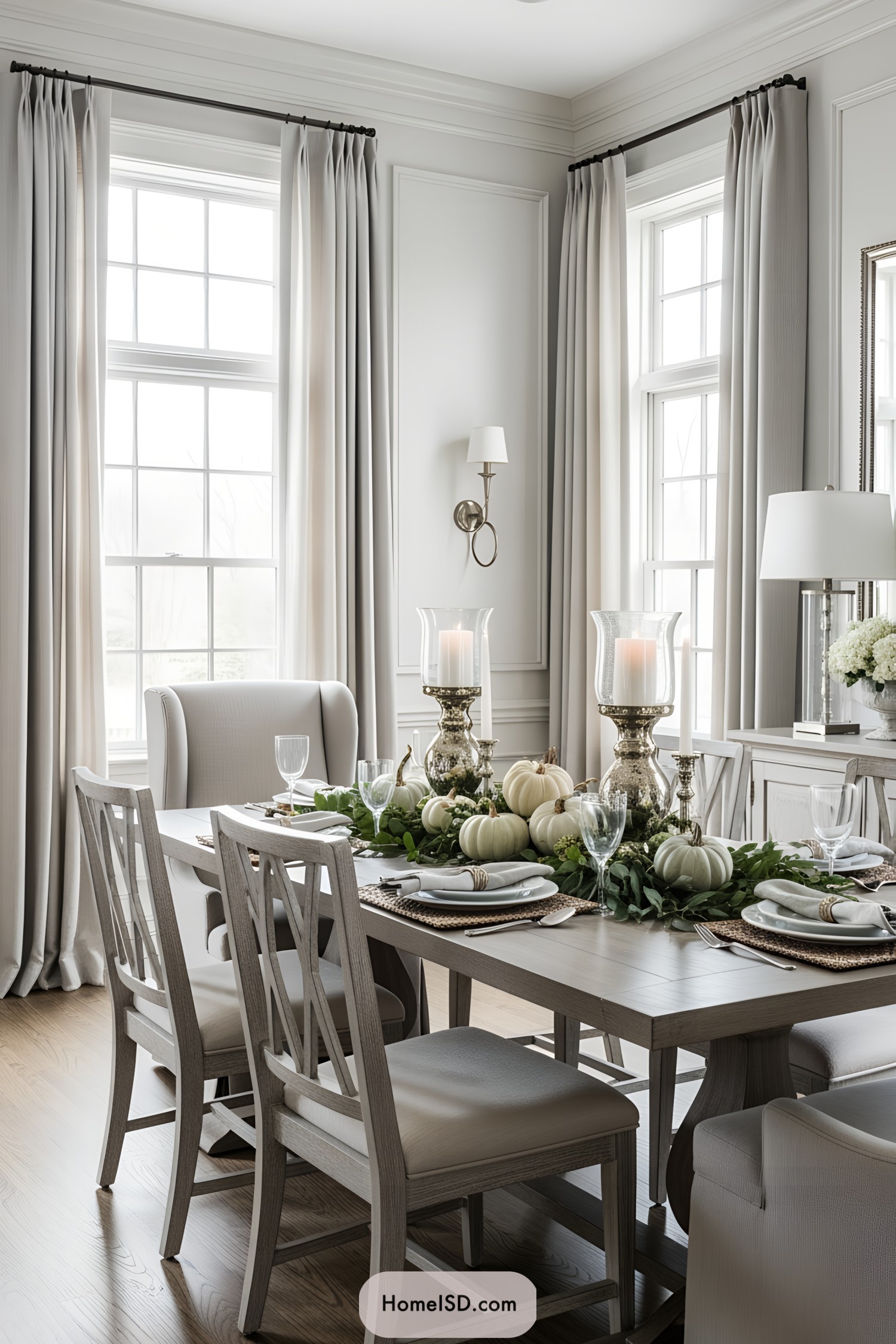 Elegant fall centerpiece with pumpkins and candles on a dining table