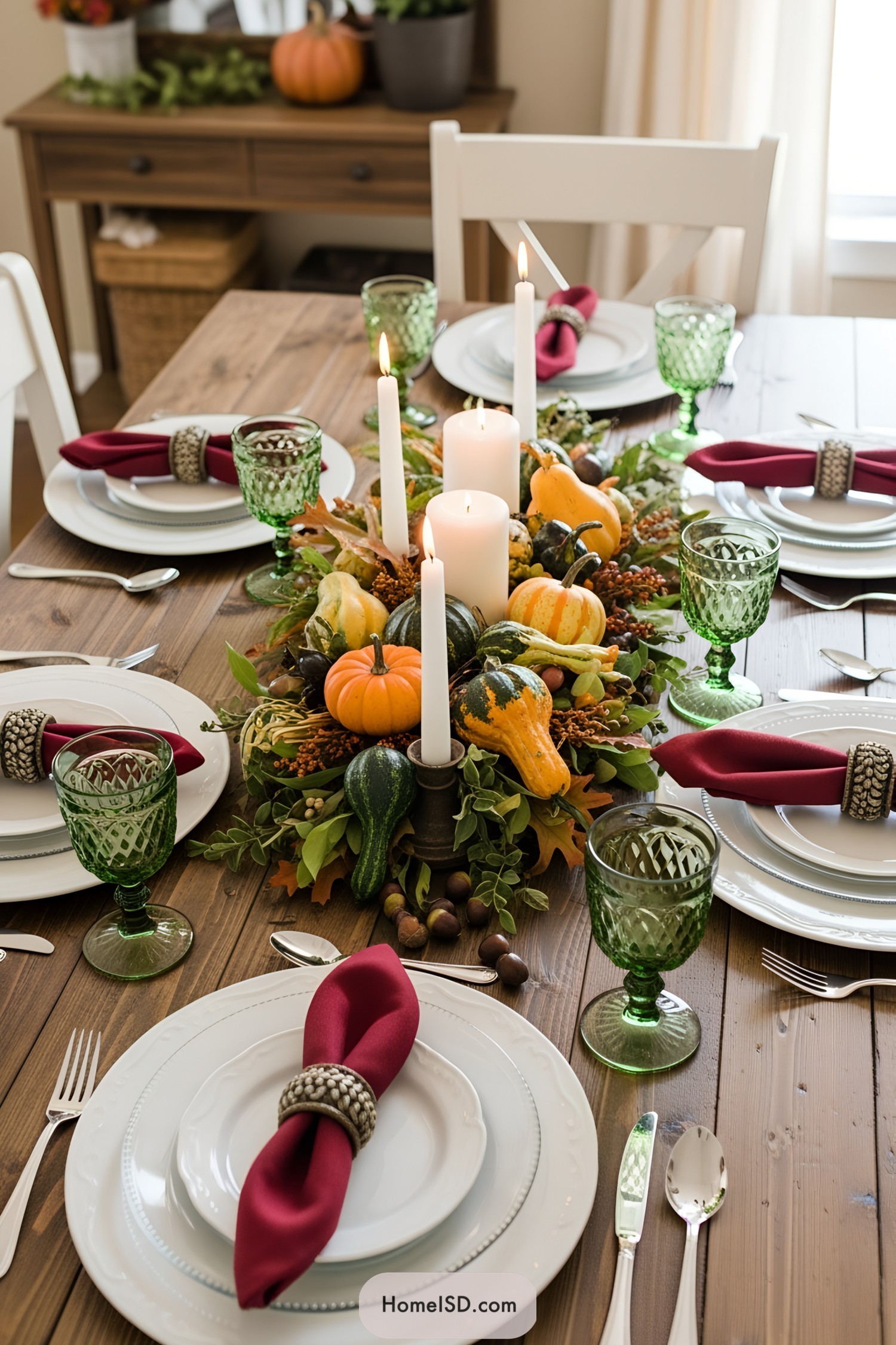 Elegant fall table setting with pumpkins and candles