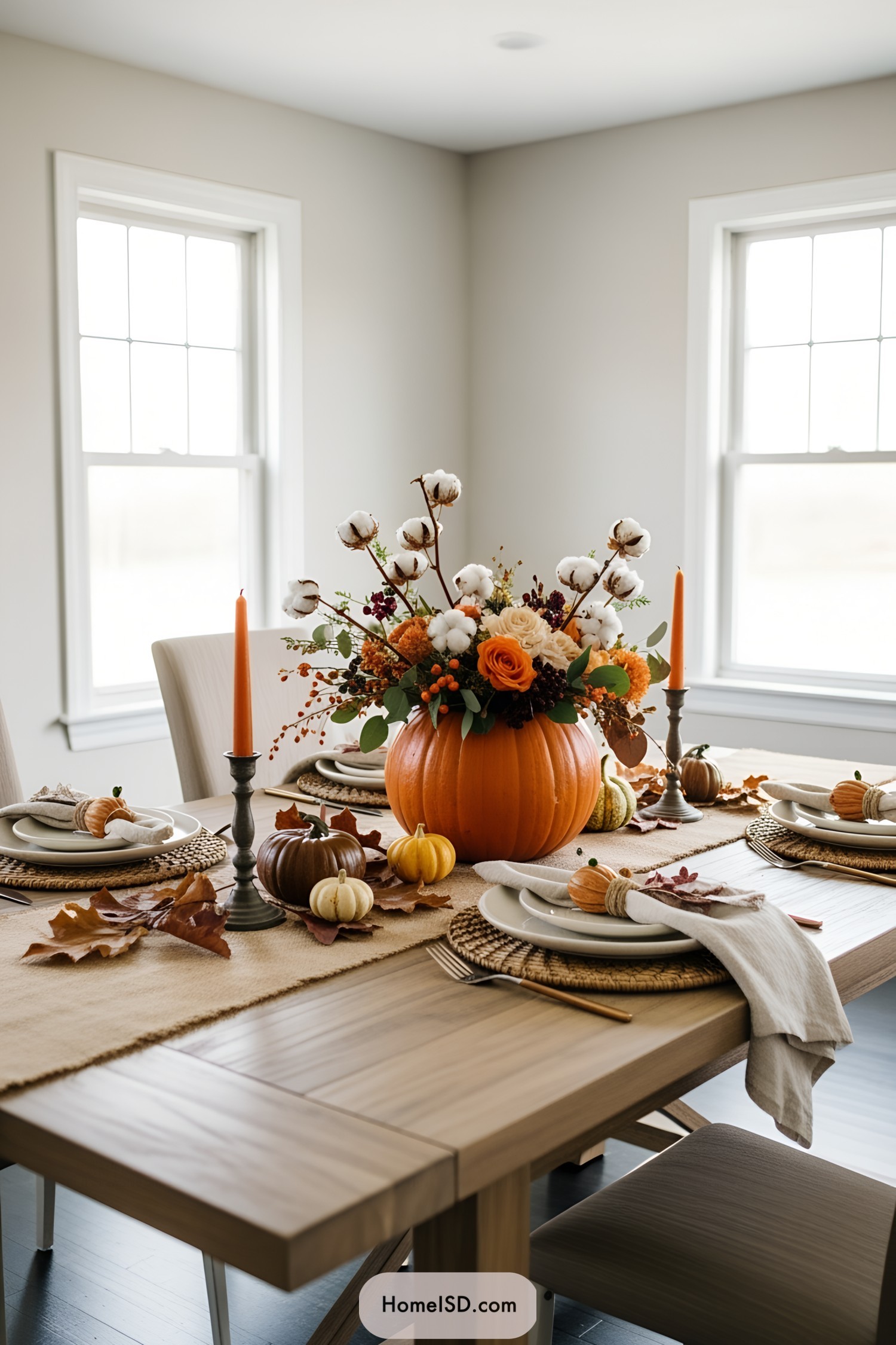 A pumpkin centerpiece with fall foliage on a dining table