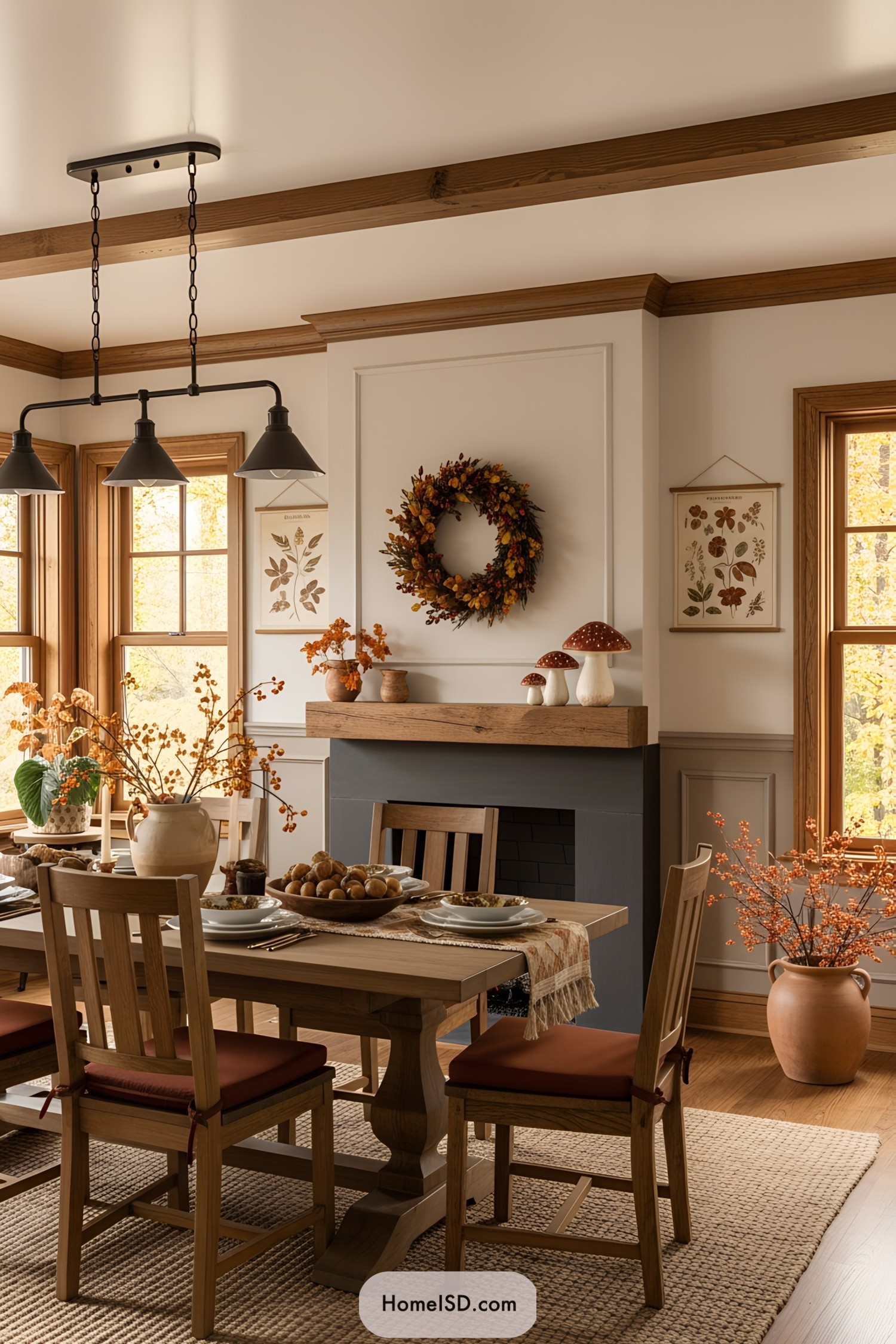 Dining room with a Thanksgiving wreath and seasonal decor