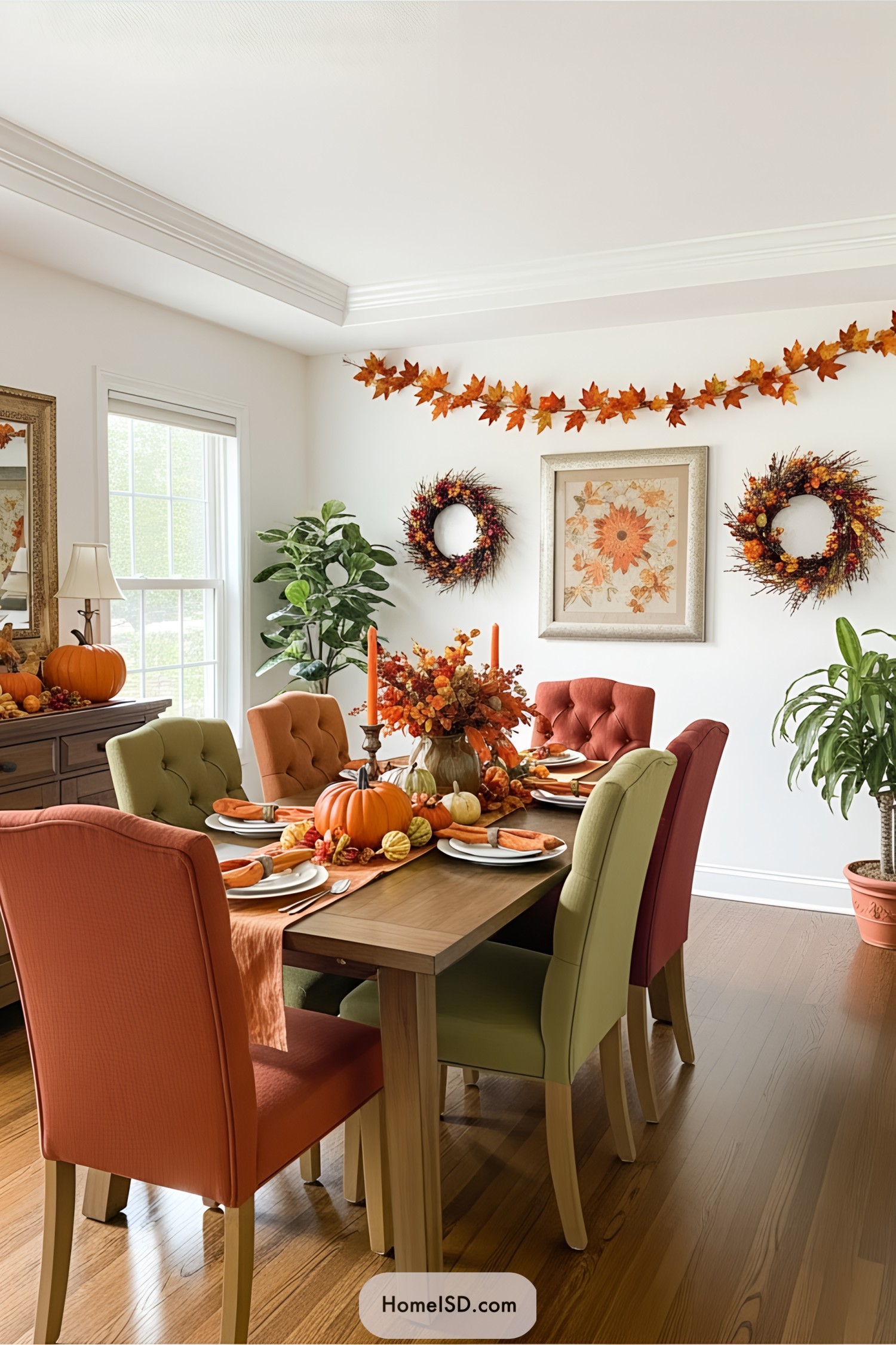 Dining room with fall-themed decor featuring wreaths and pumpkin centerpieces