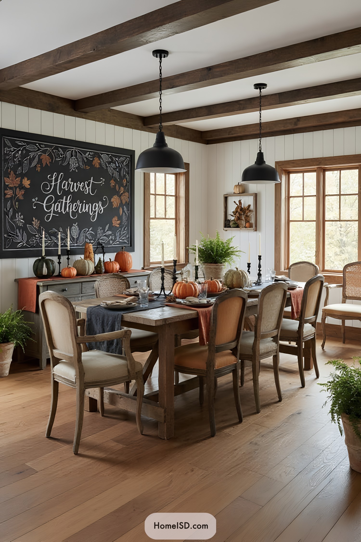 Thanksgiving-themed chalkboard art adorns a cozy dining room