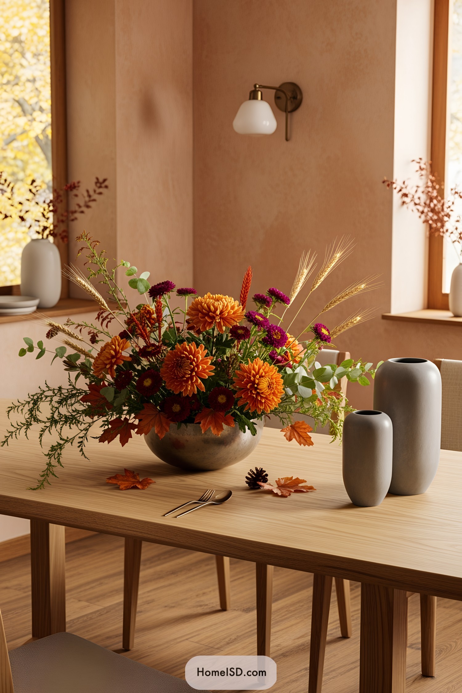 Vibrant autumn flowers in a vase on a wooden table