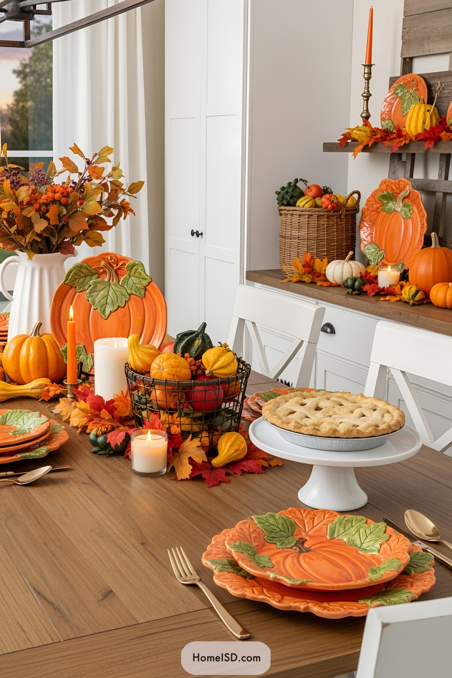 Thanksgiving dining setup with pumpkins and fall leaves