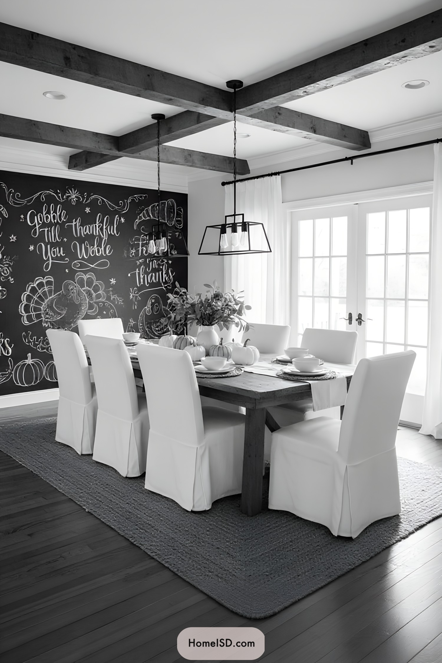 Dining room with a Thanksgiving-themed chalkboard wall and elegant table setting