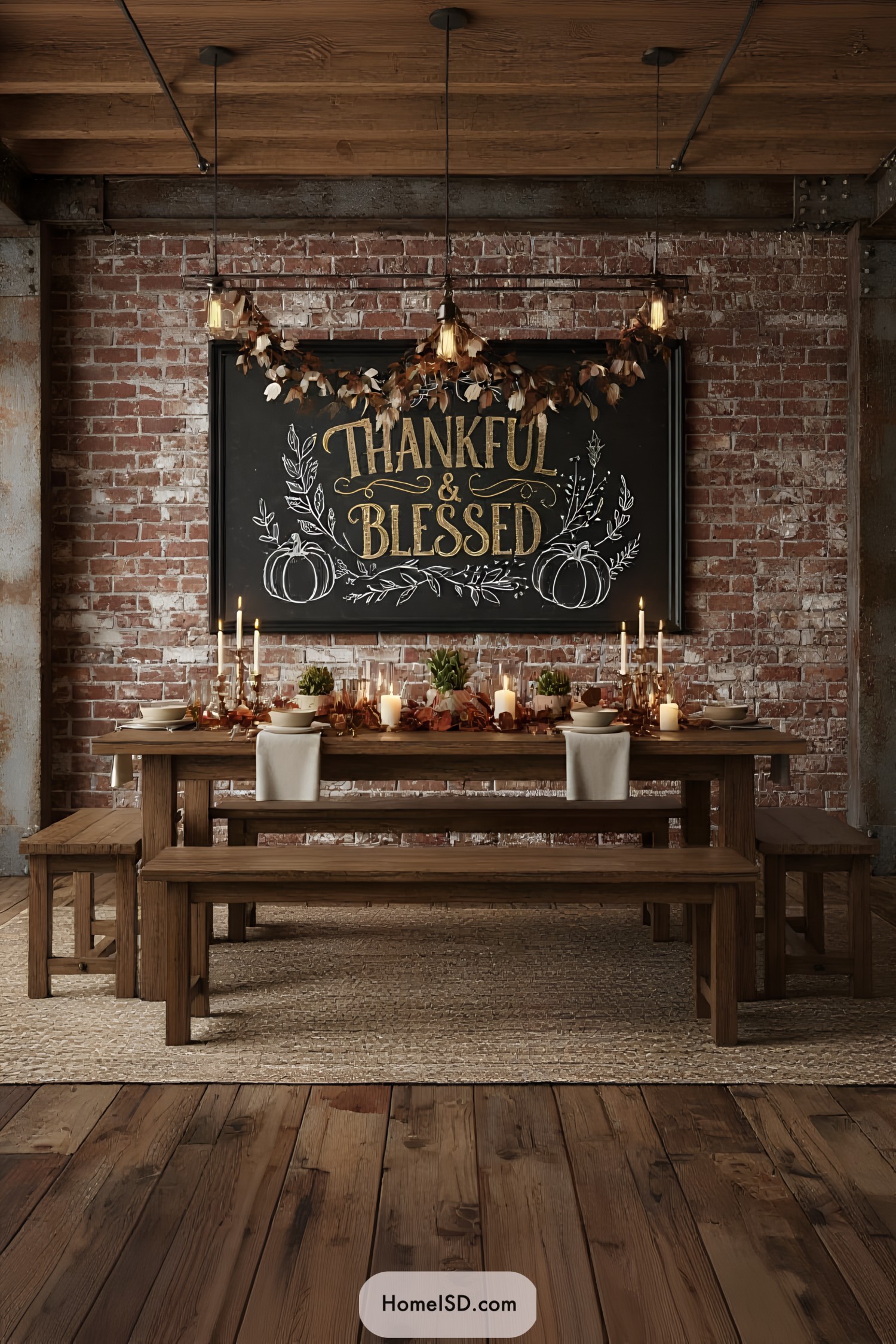 Dining room with a rustic, industrial aesthetic and cozy holiday charm. Earth-toned color theme with exposed red brick walls. No windows visible. Flooring in dark reclaimed wood or polished concrete. Ceiling in natural wood beams or unfinished surface. Key material elements include metal and distressed wood. Central feature is a large hand-lettered Thanksgiving chalkboard framed in black, adorned with gold and white accents and botanical motifs. Furnishings in simple, sturdy farmhouse style; wooden dining table and benches. Accessories include candles, small potted plants, and garlands of autumn leaves for warmth and festive character.
