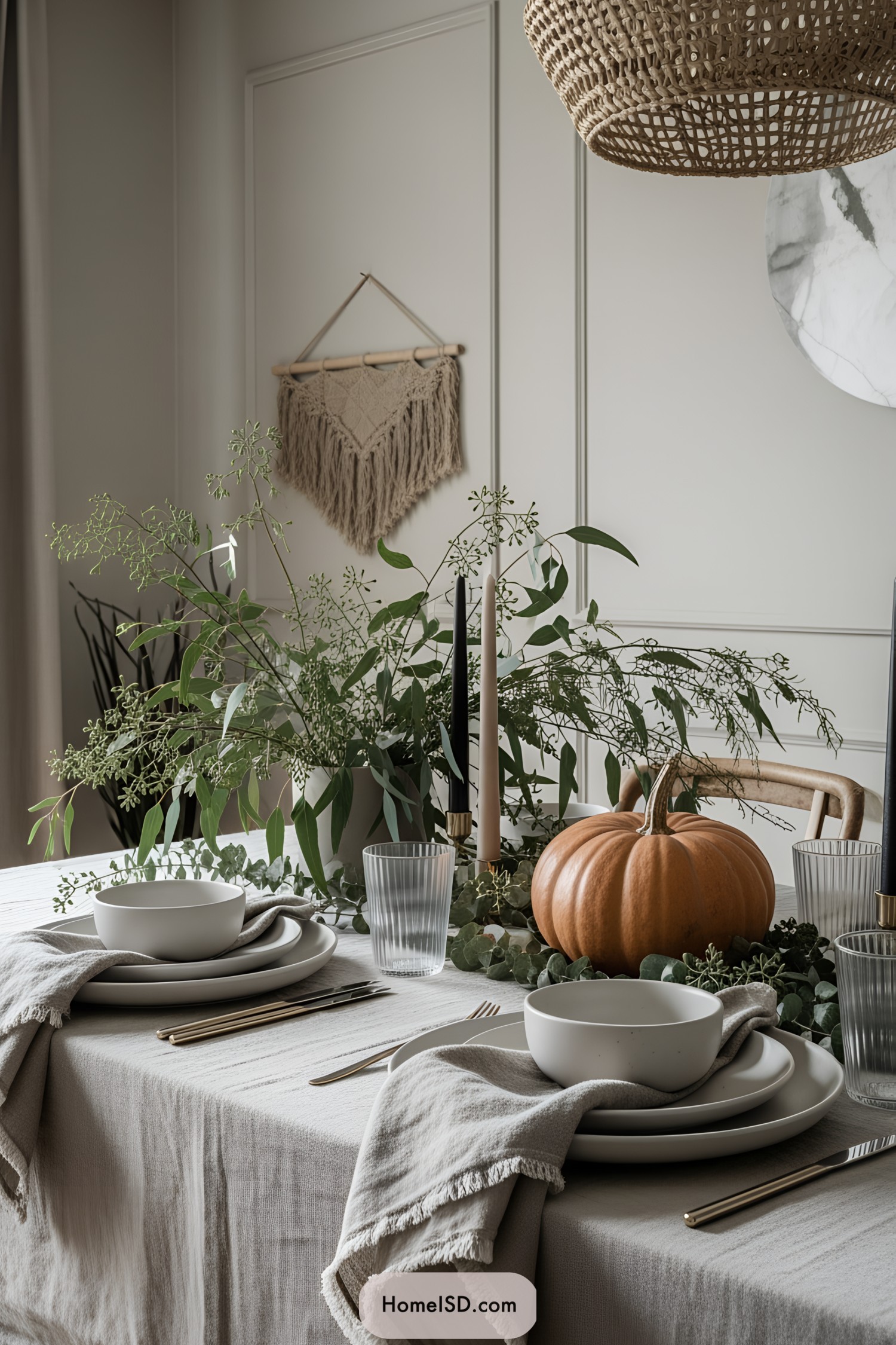 Cozy table with pumpkin centerpiece and greenery