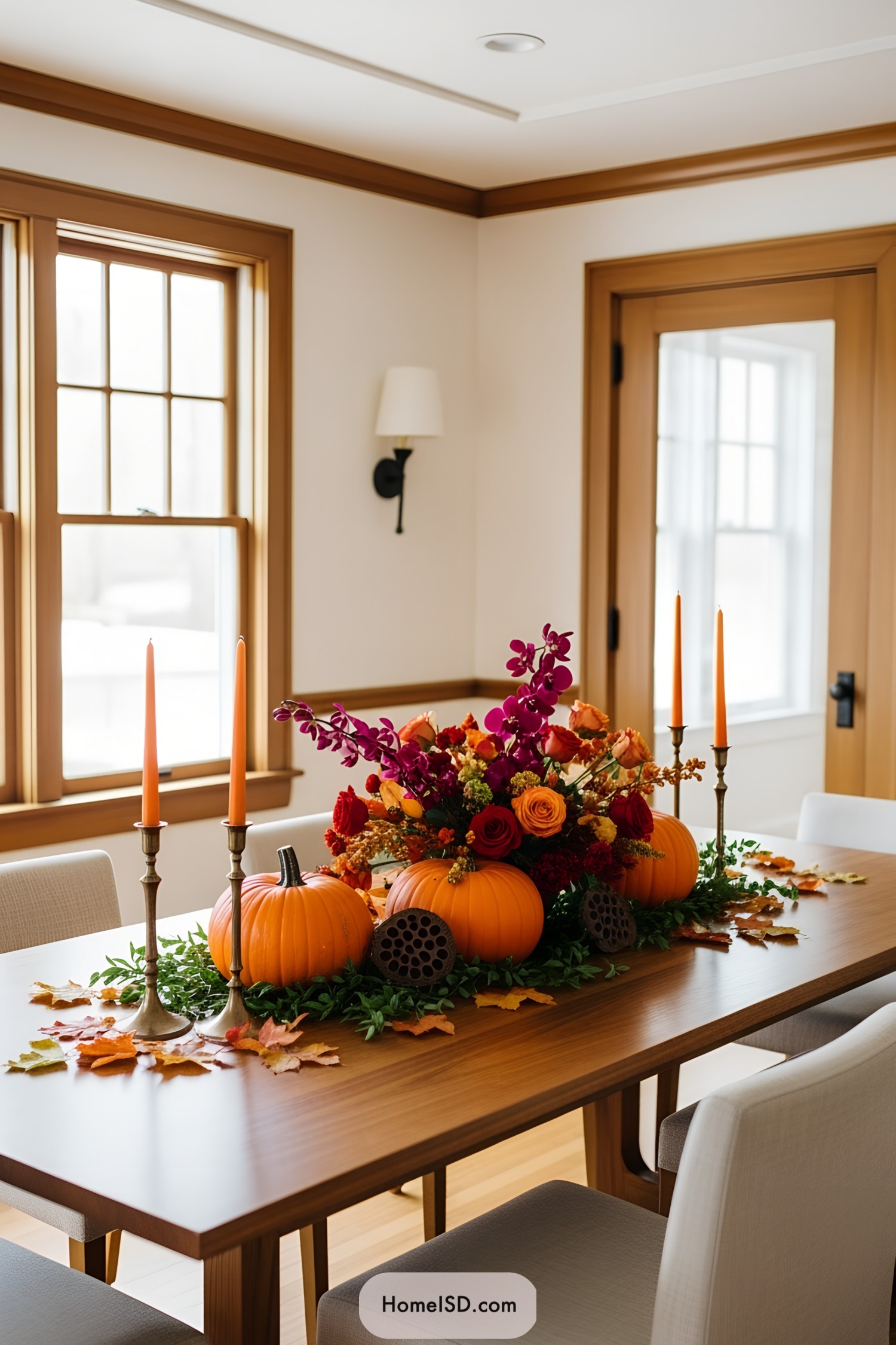 Festive Thanksgiving centerpiece with pumpkins and floral arrangement