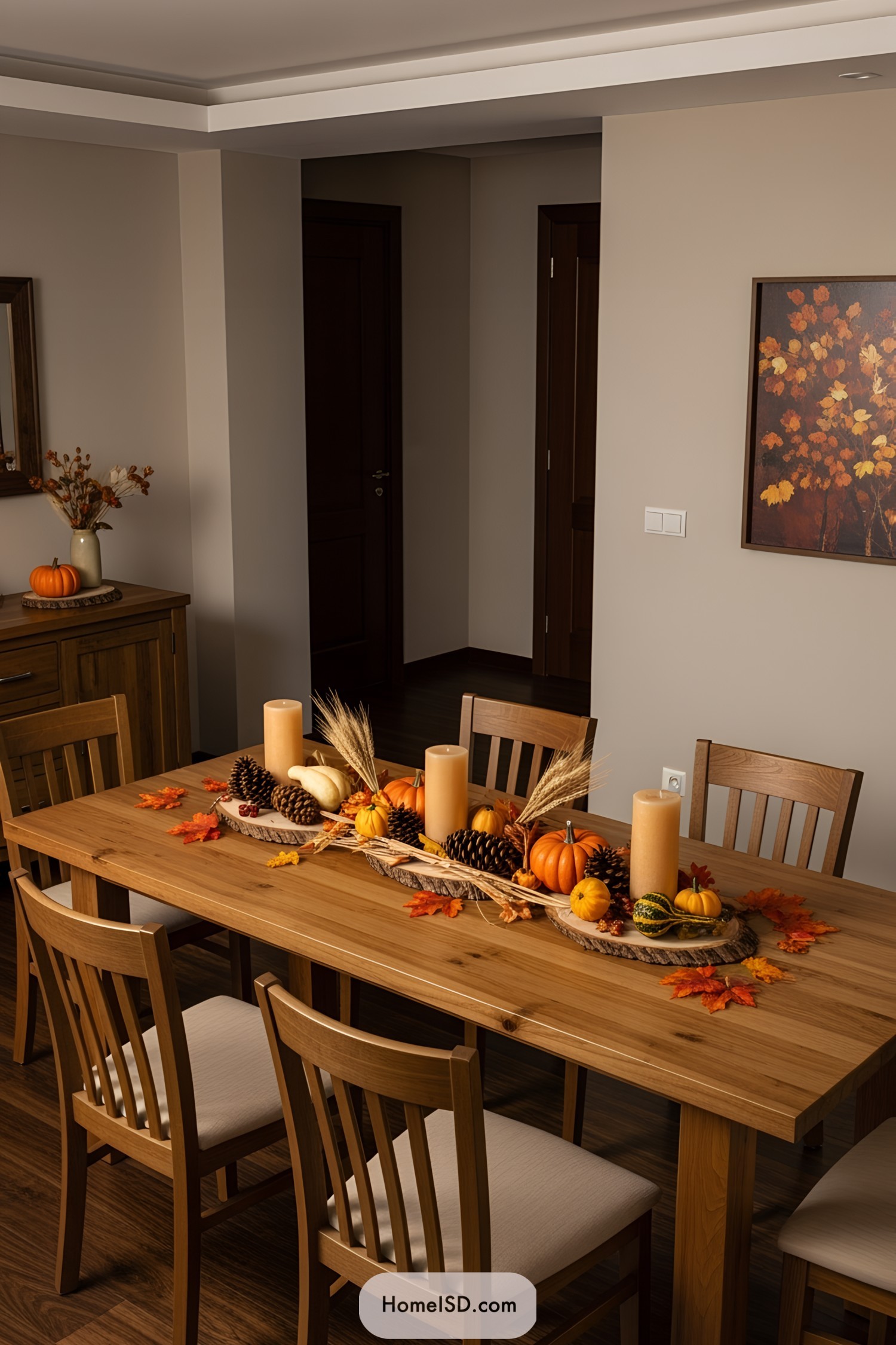 Thanksgiving table centerpiece with pumpkins, pinecones, and candles