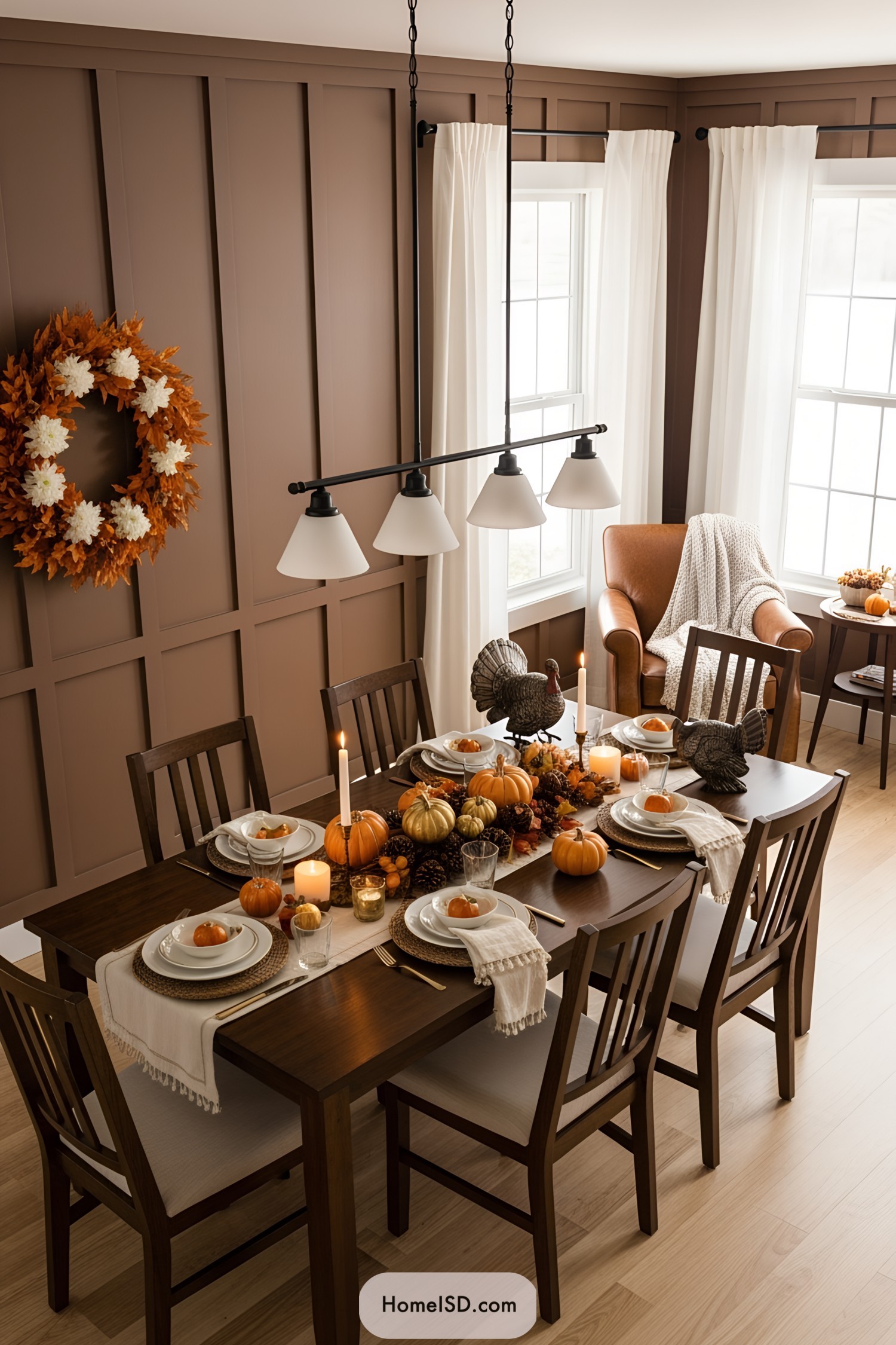 Elegant Thanksgiving table with pumpkins and candles