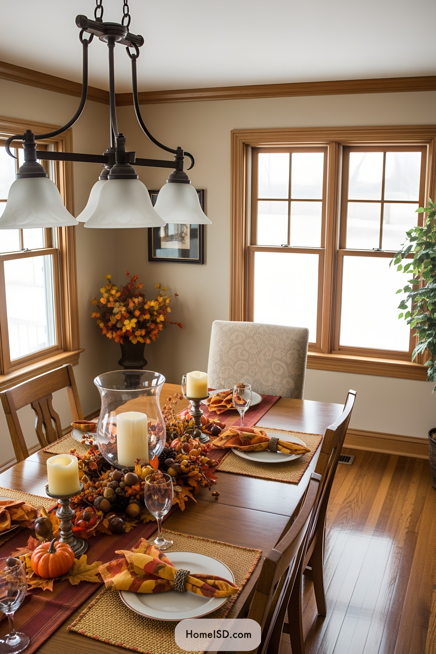 Festive autumn centerpiece with pumpkins, candles, and leaves