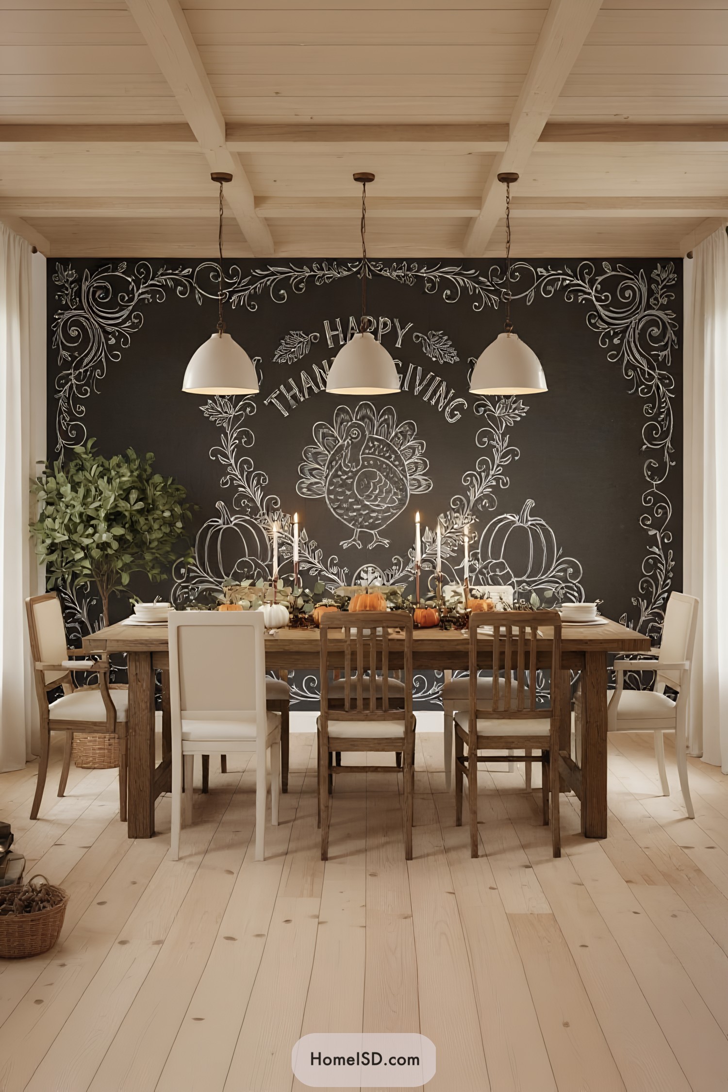 Chalkboard with Thanksgiving-themed art and a dining table set for the holiday