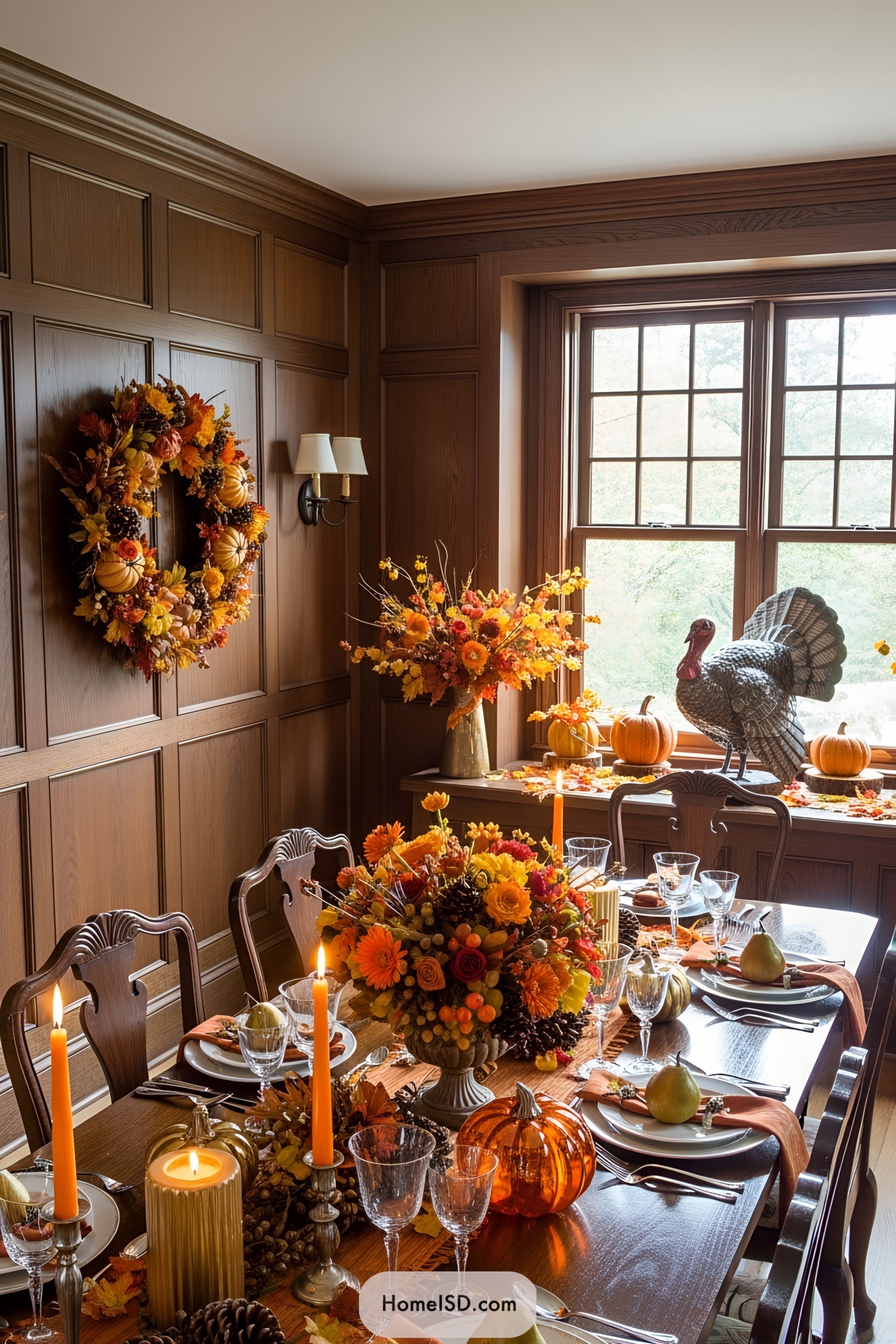 Festive Thanksgiving dining setup with fall-themed decorations