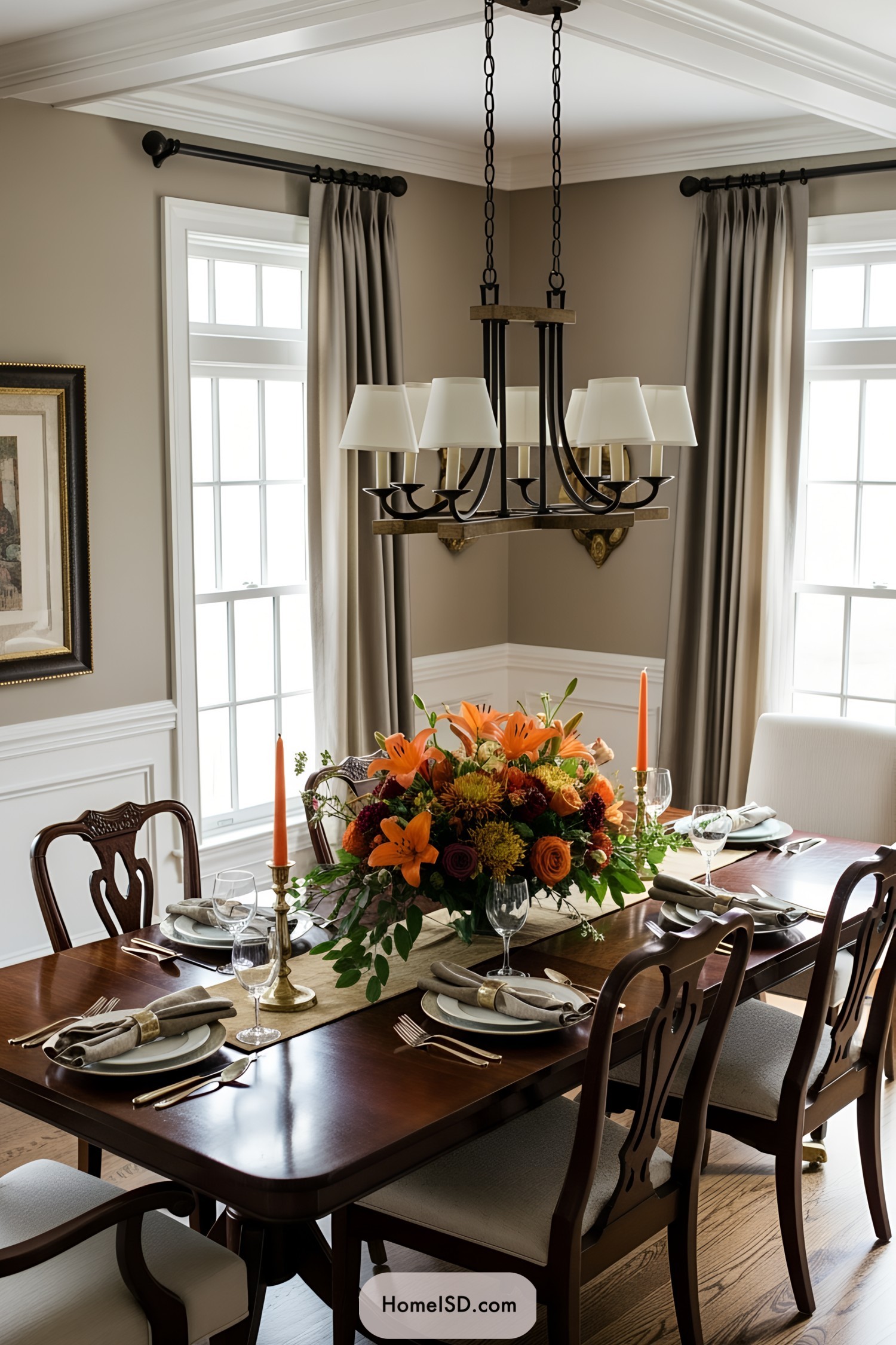 Elegant dining room centerpiece with bright flowers