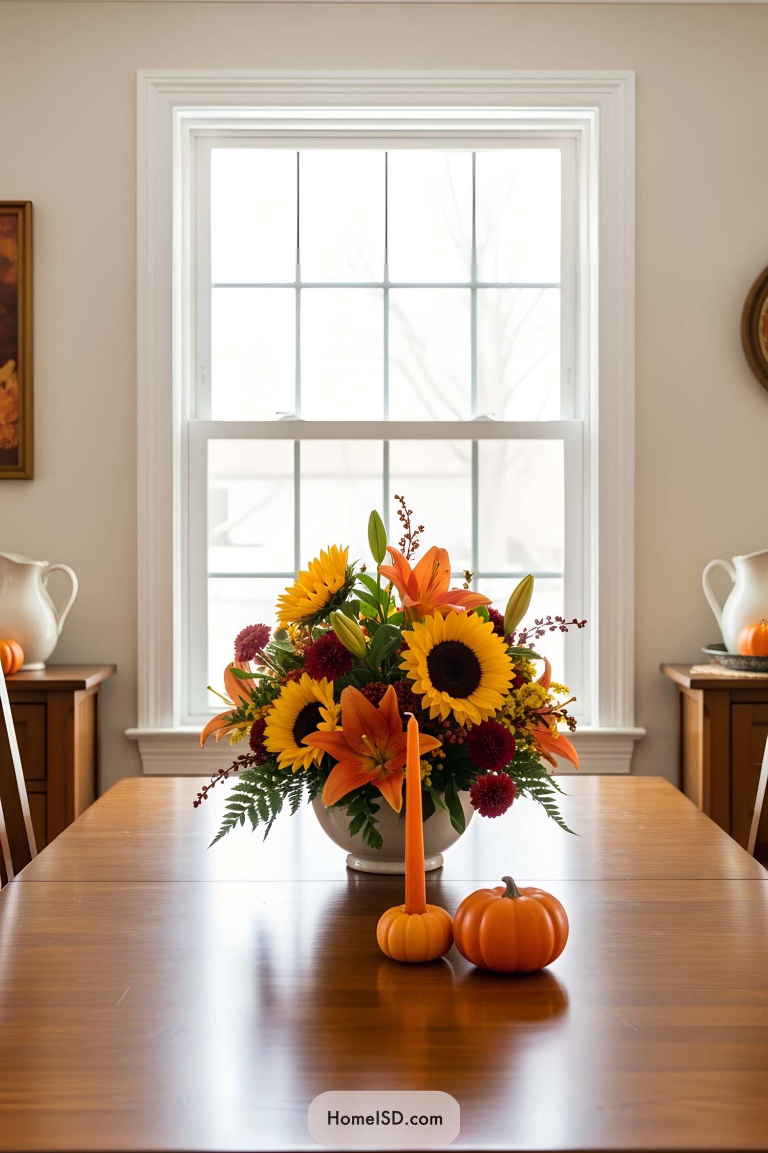 Vibrant floral centerpiece with pumpkins on a wooden table