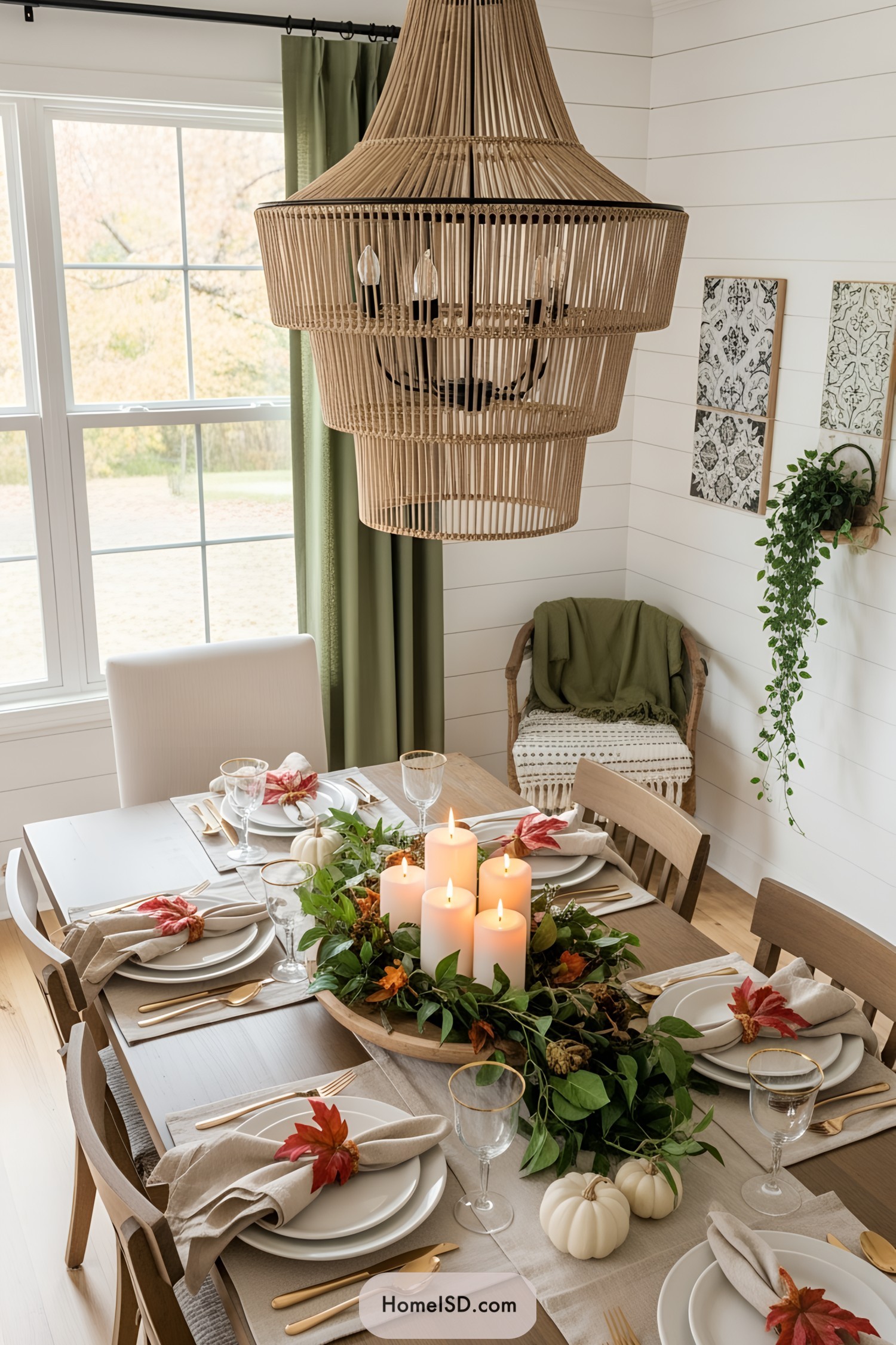 Festive dining table with a natural centerpiece and candlelit ambiance