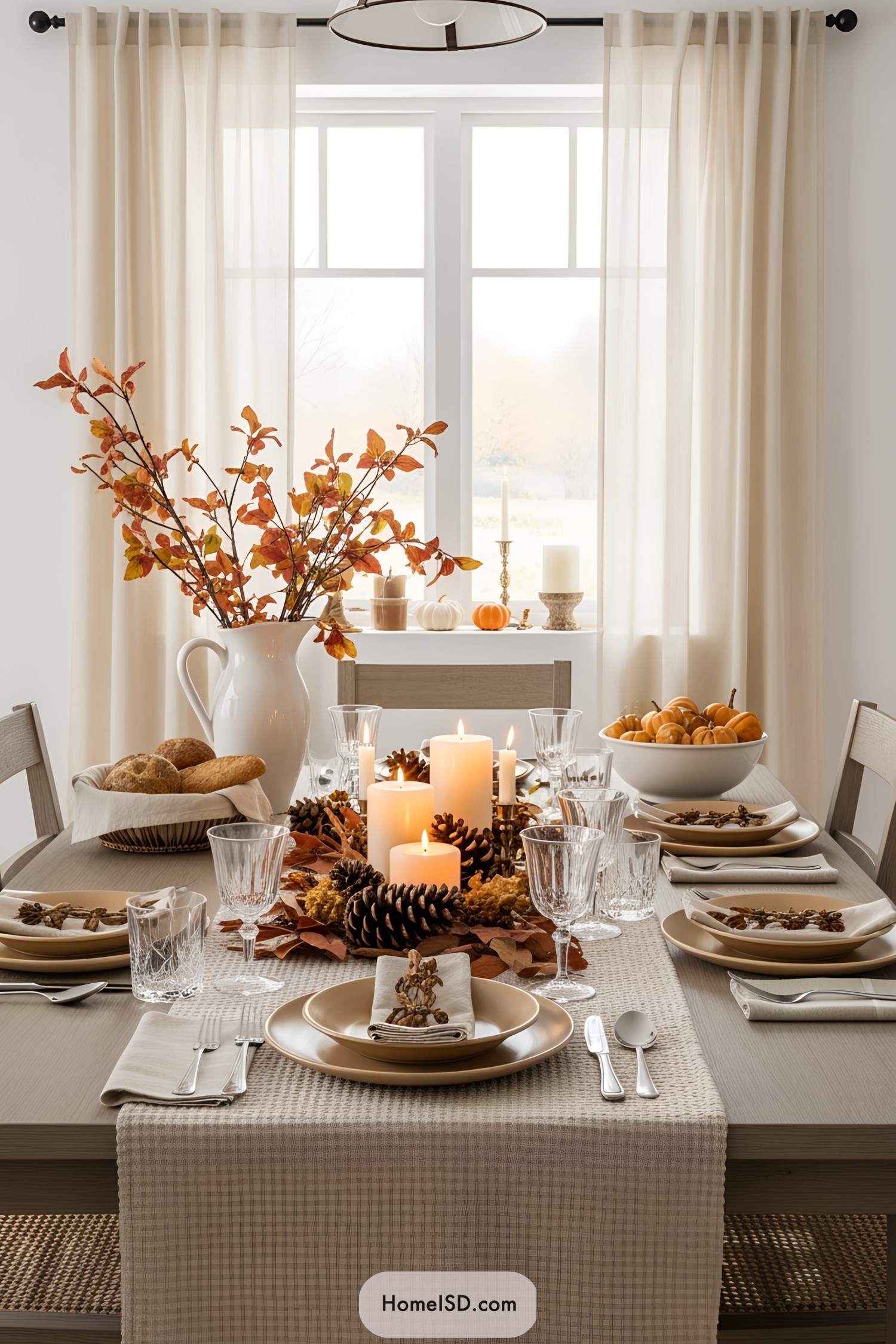 Elegant autumn dining table with candles and leaves