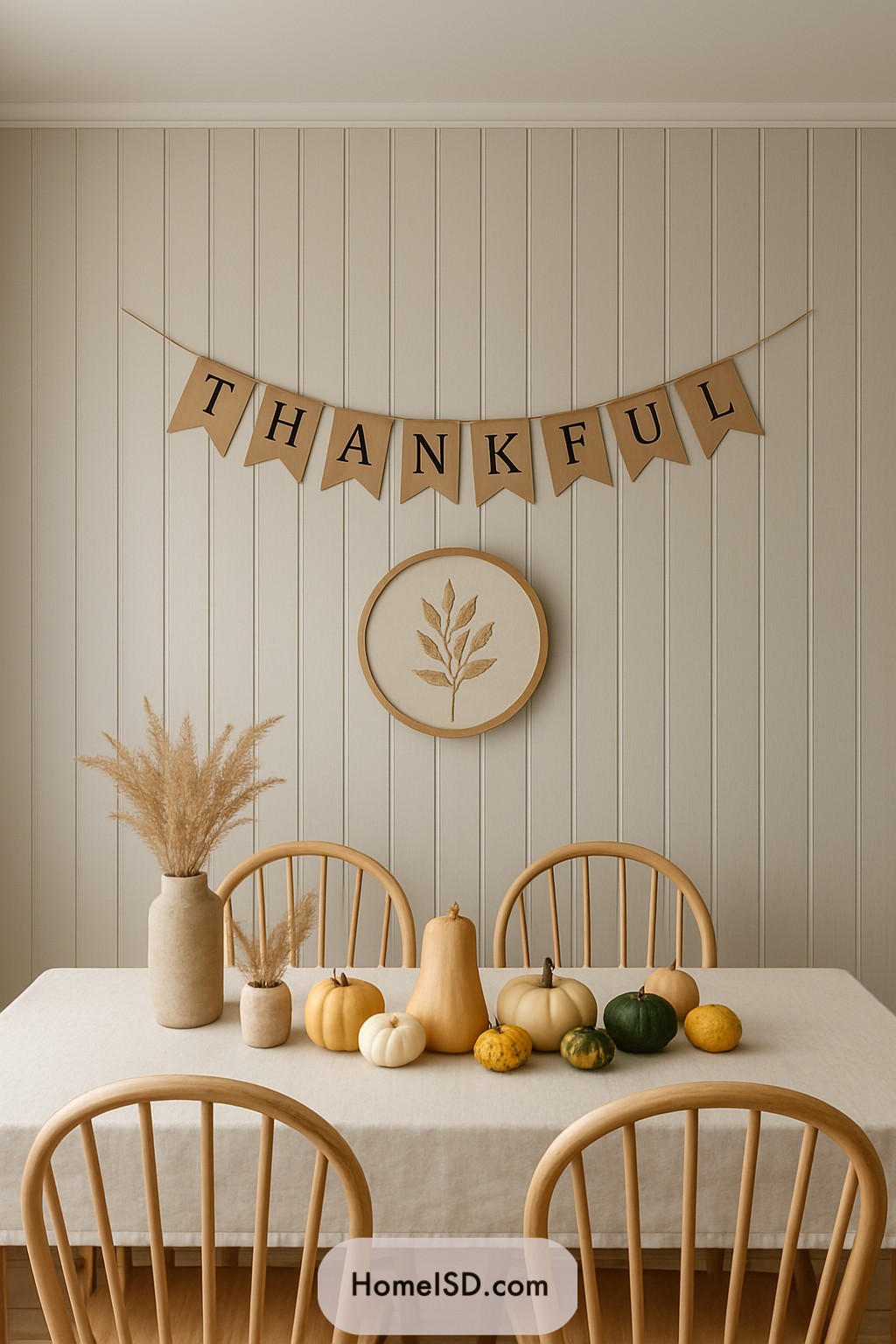 Thanksgiving banner over autumn-themed dining table