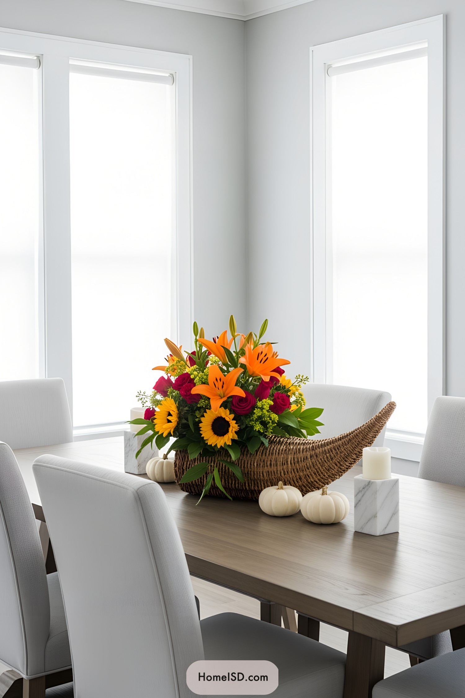 Vibrant floral cornucopia centerpiece with pumpkins on a dining table