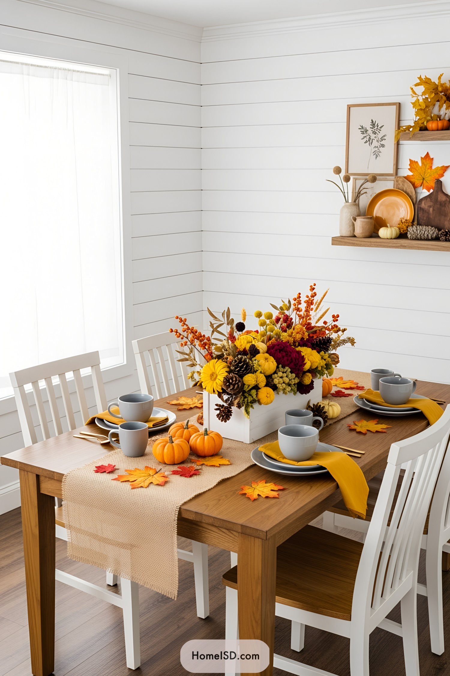 Thanksgiving-themed table with autumn centerpiece and pumpkins