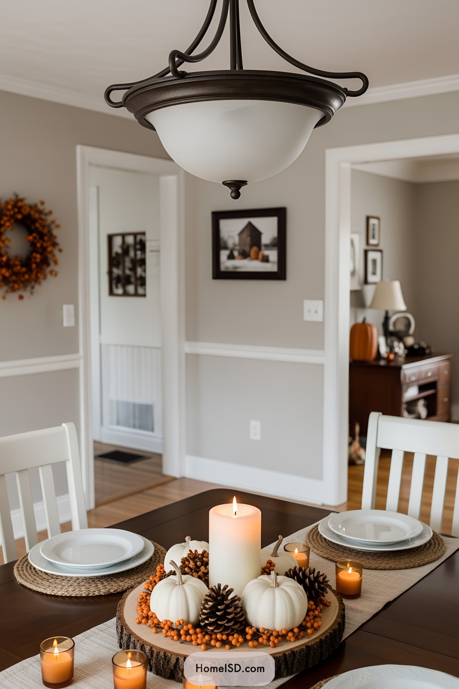 Dining table with autumn centerpiece featuring candles and pumpkins