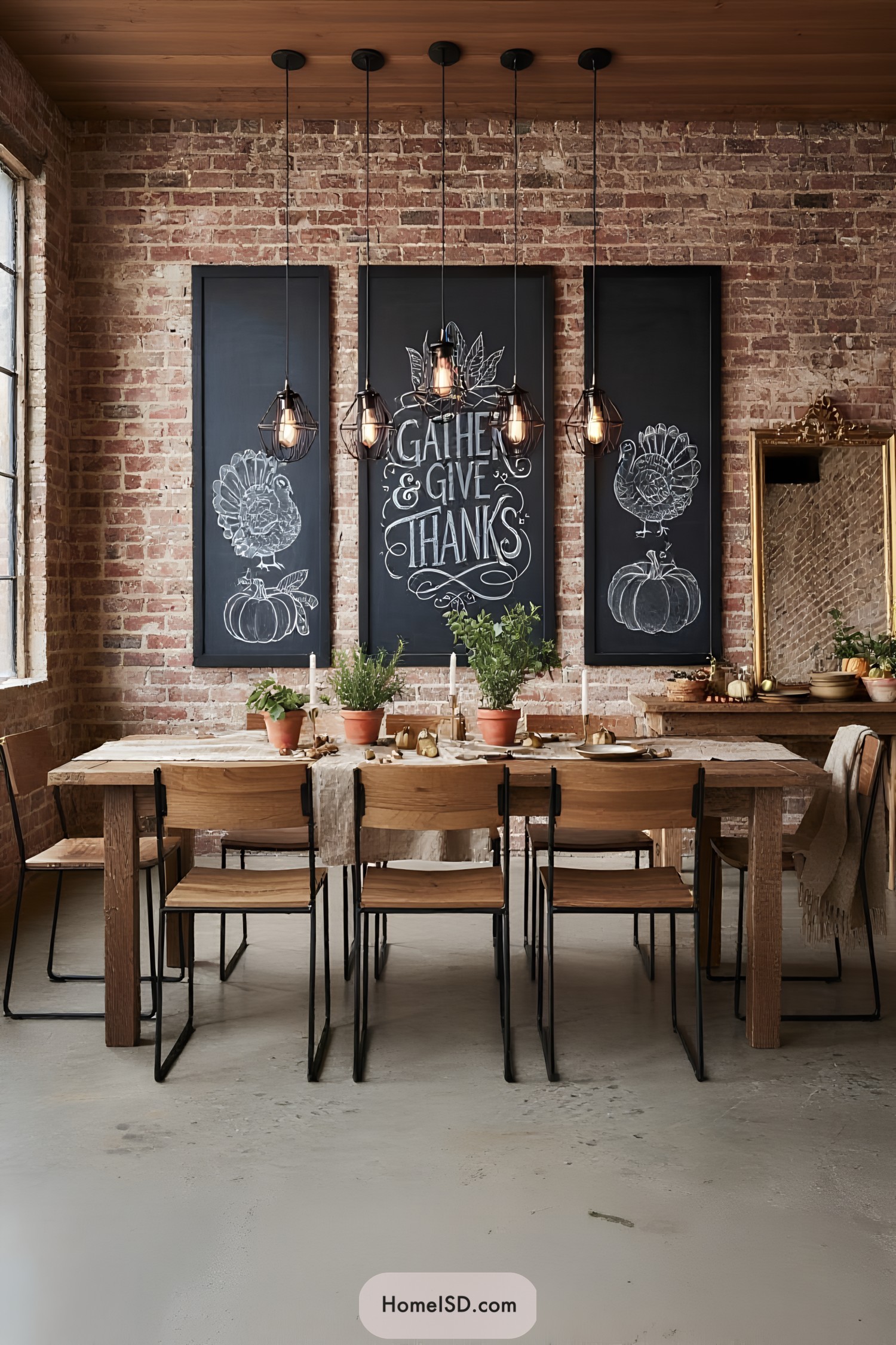 Dining room with three Thanksgiving-themed chalkboards and rustic table setting