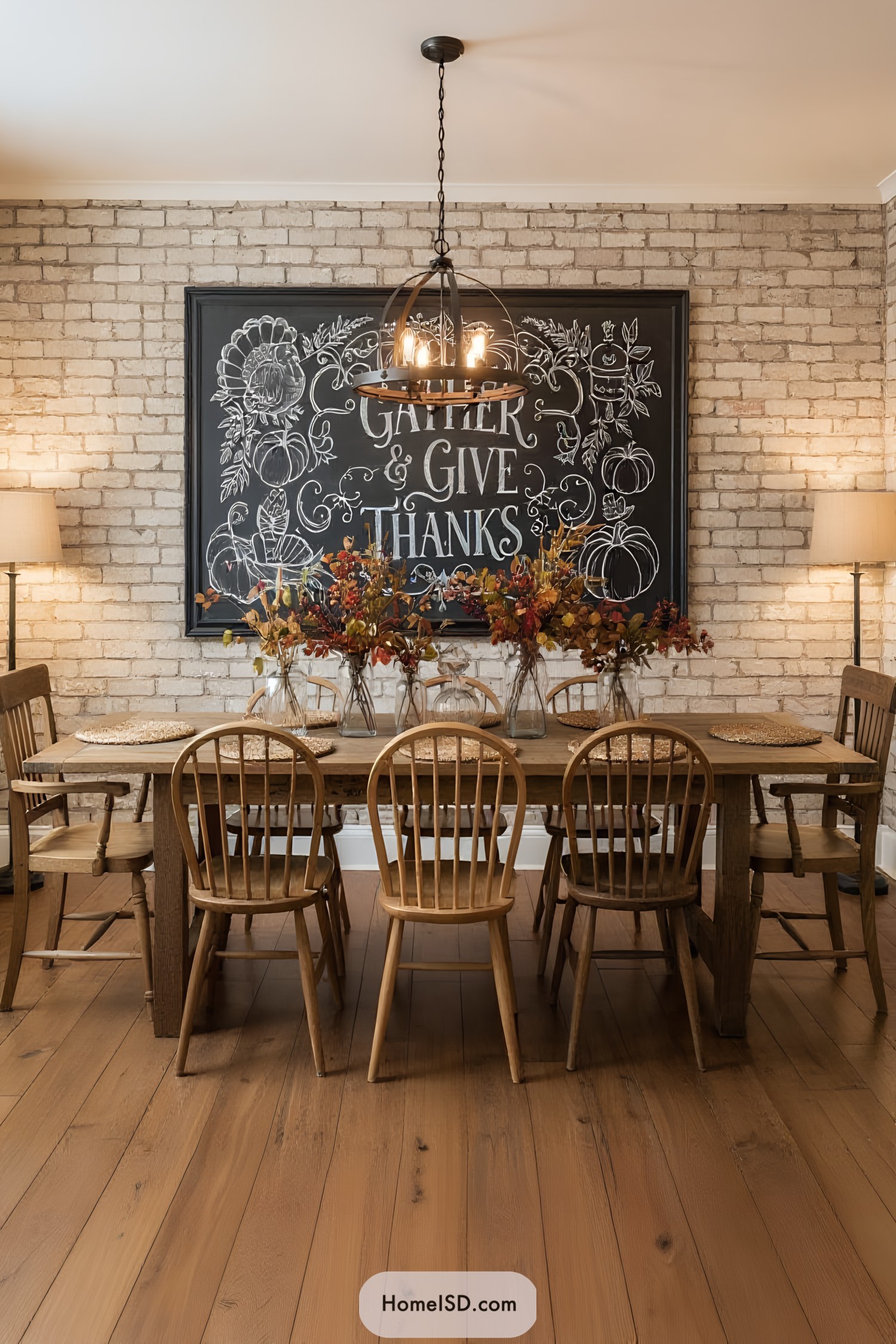 Thanksgiving-themed chalkboard art in a cozy dining room