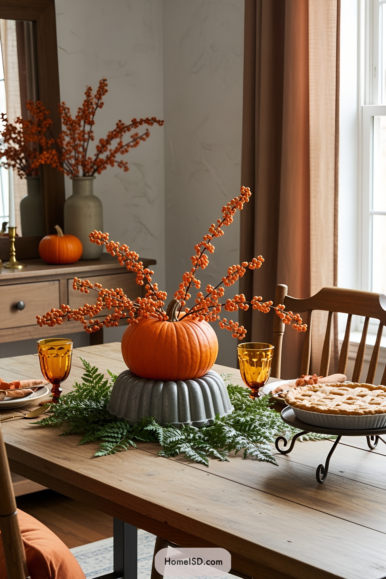 Pumpkin centerpiece with orange berries on a dining table
