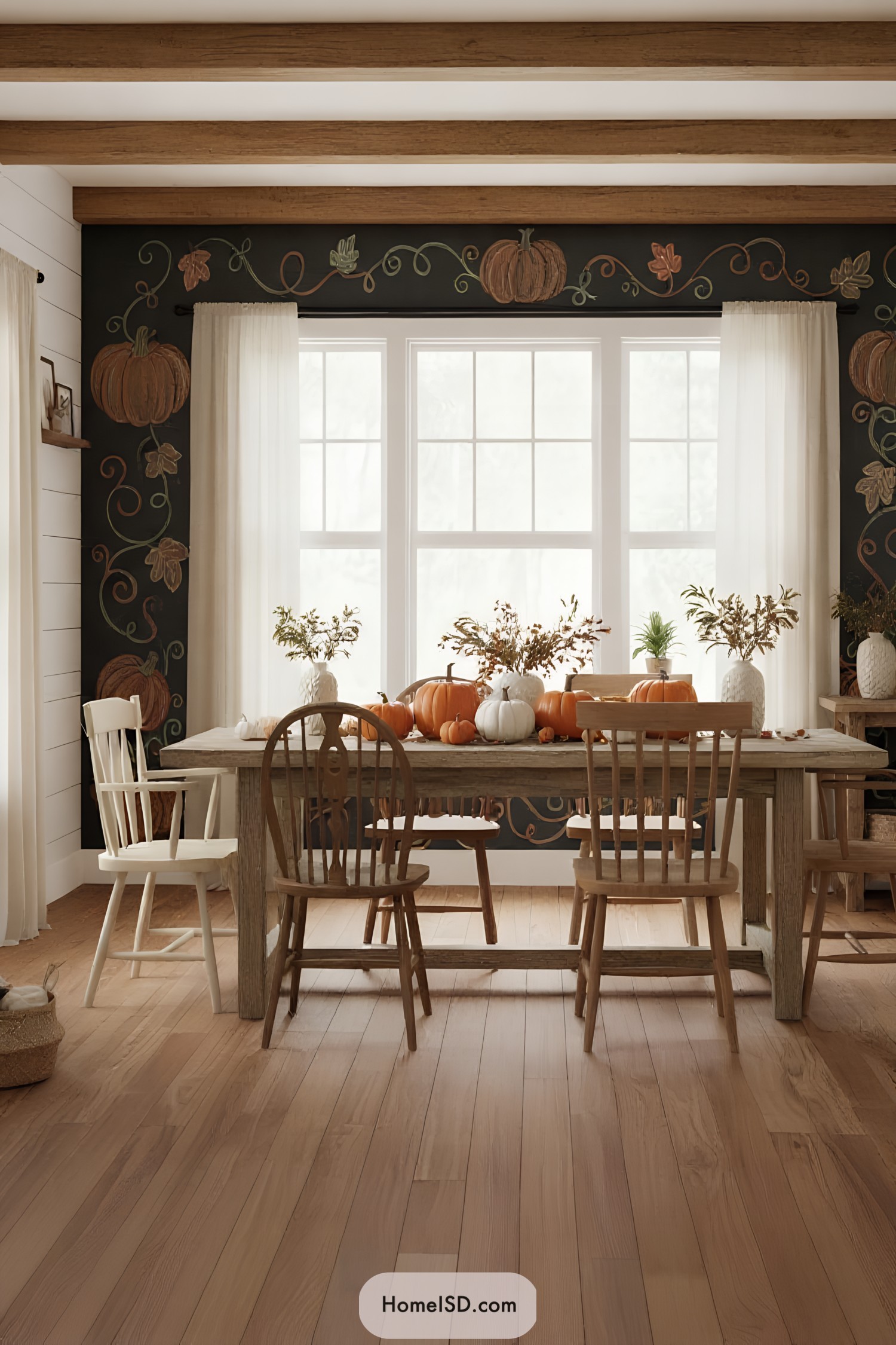 Thanksgiving chalkboard decorated with pumpkins and vines