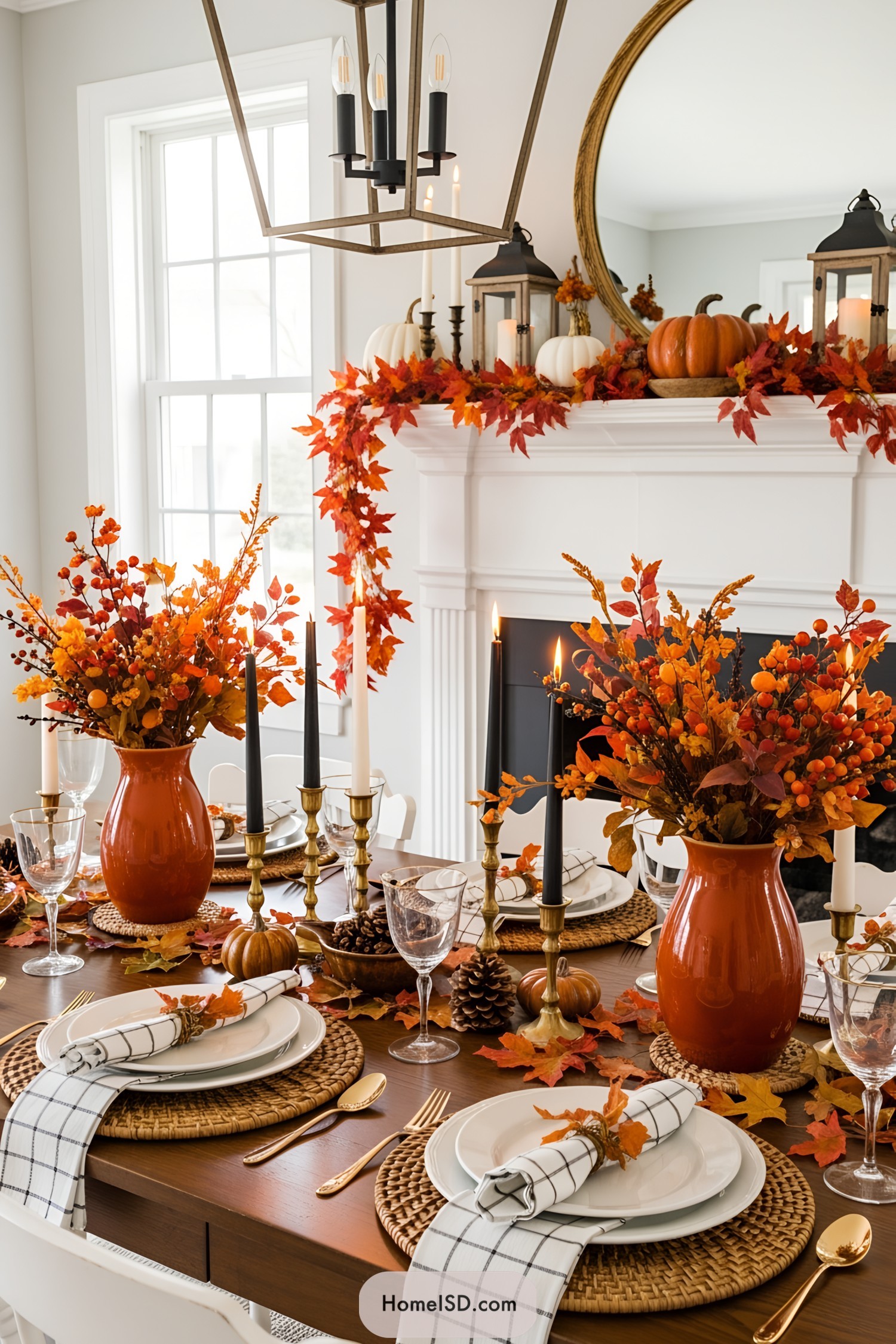 Fall-themed dining room setup with orange vases and candles
