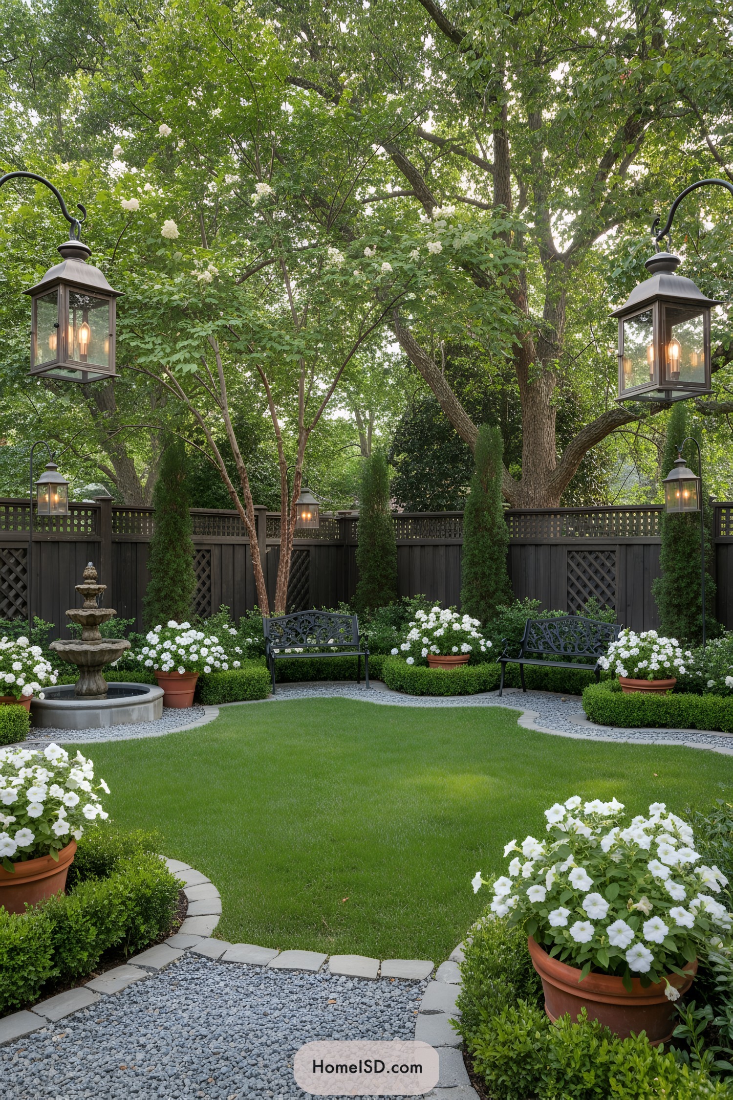 Charming garden with lanterns, benches, and lush greenery