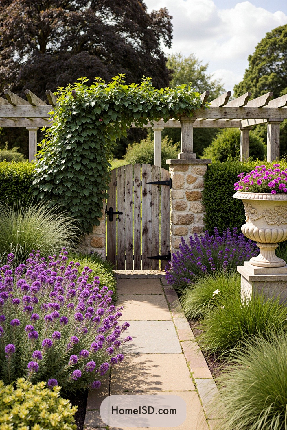 Wooden gate framed by stone columns and lush greenery