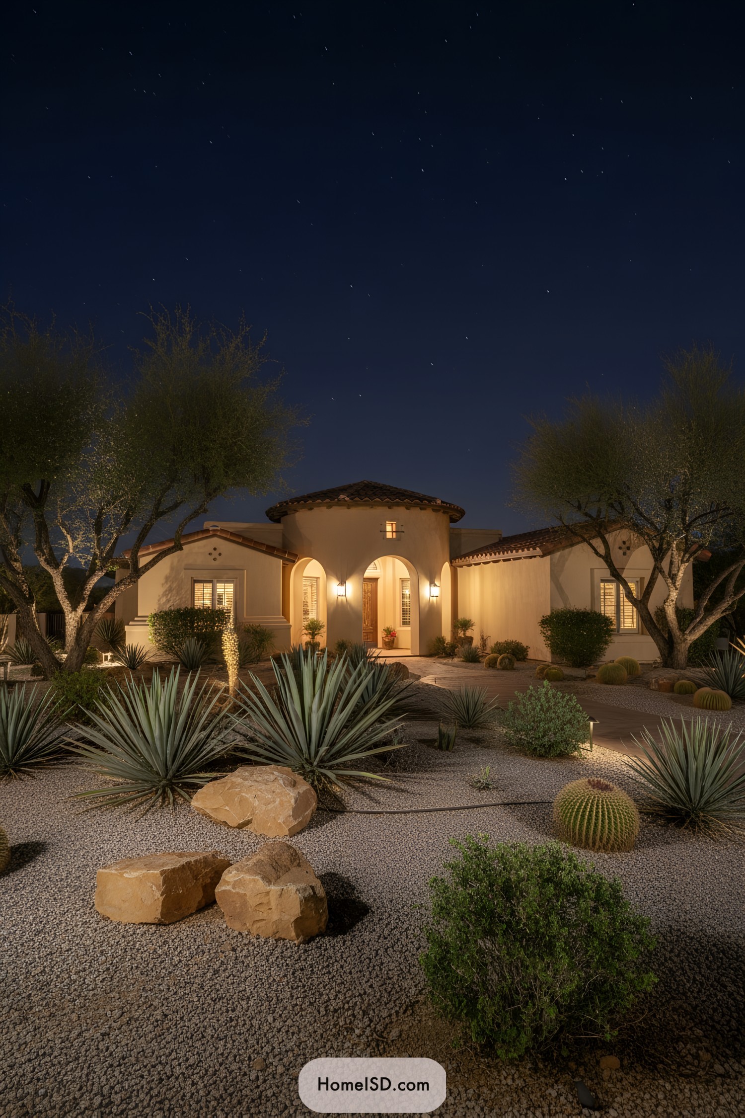 Desert home illuminated by warm lights
