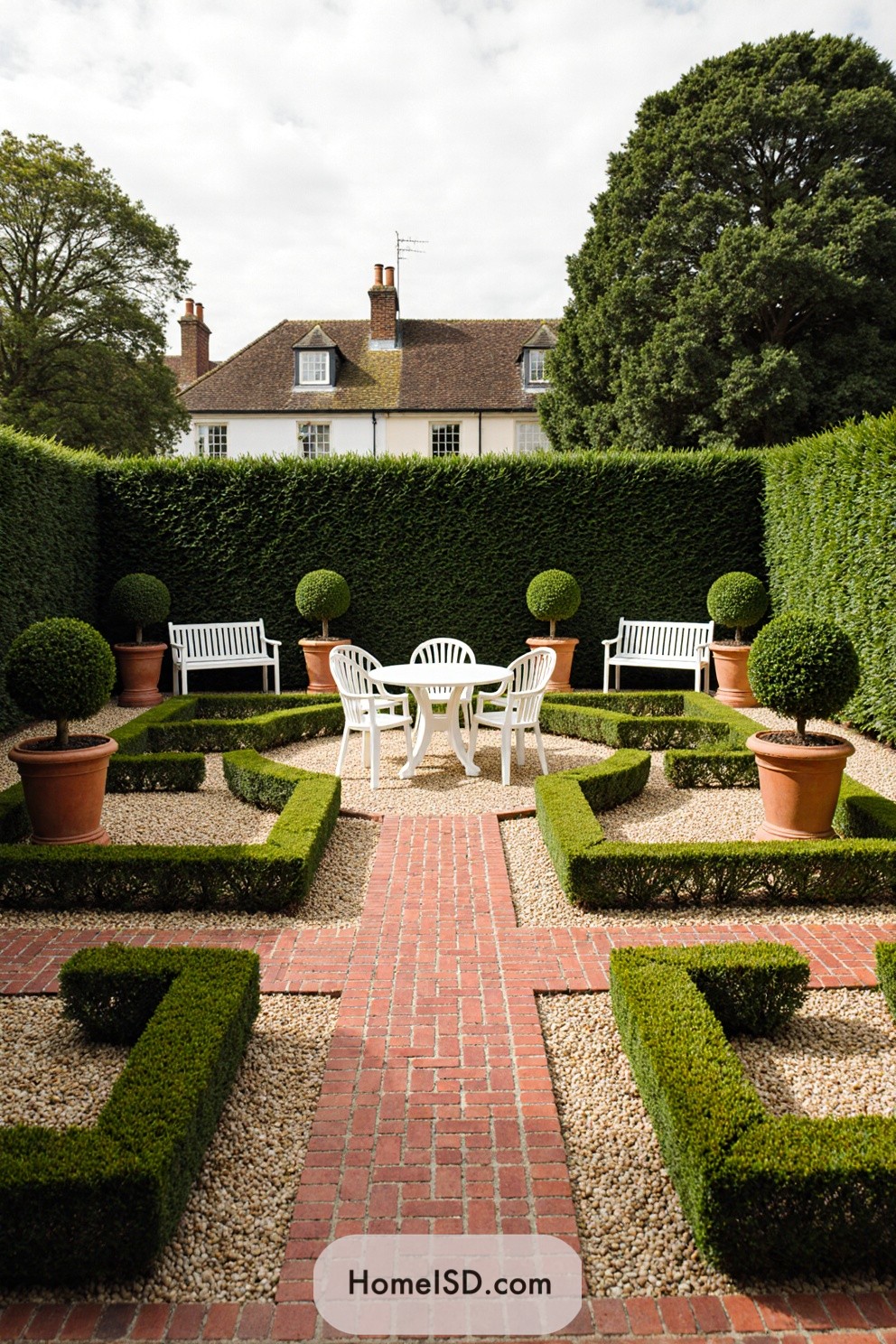 Neatly trimmed hedges with a central patio set