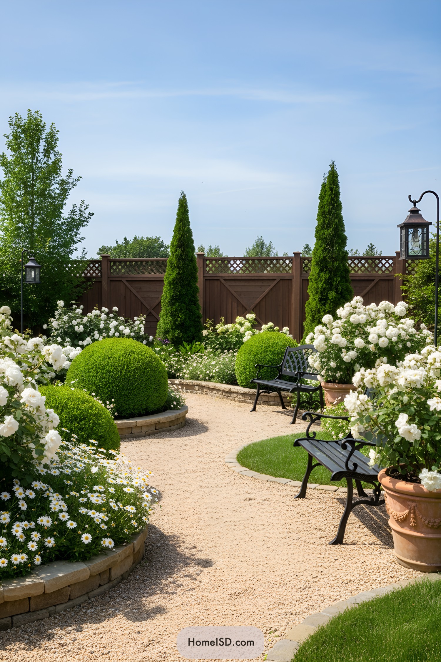 Charming garden path with white flowers and manicured bushes