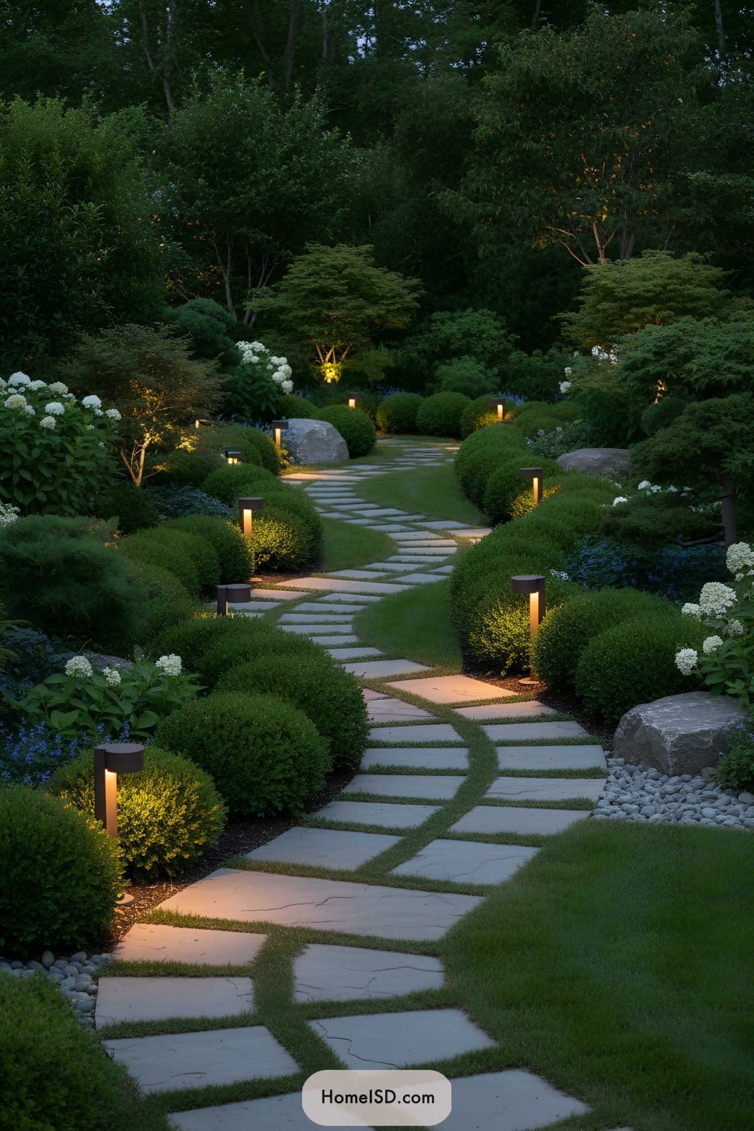 Elegant garden landscape with a winding stone pathway bordered by well-manicured, rounded hedges and neatly trimmed grass. Strategically placed modern path lights softly illuminate the walkway, enhancing the garden's serene atmosphere. Lush greenery, including low shrubs and small ornamental trees, surrounds the area, while large natural stones accent the borders, contributing to a tranquil, sophisticated outdoor setting.
