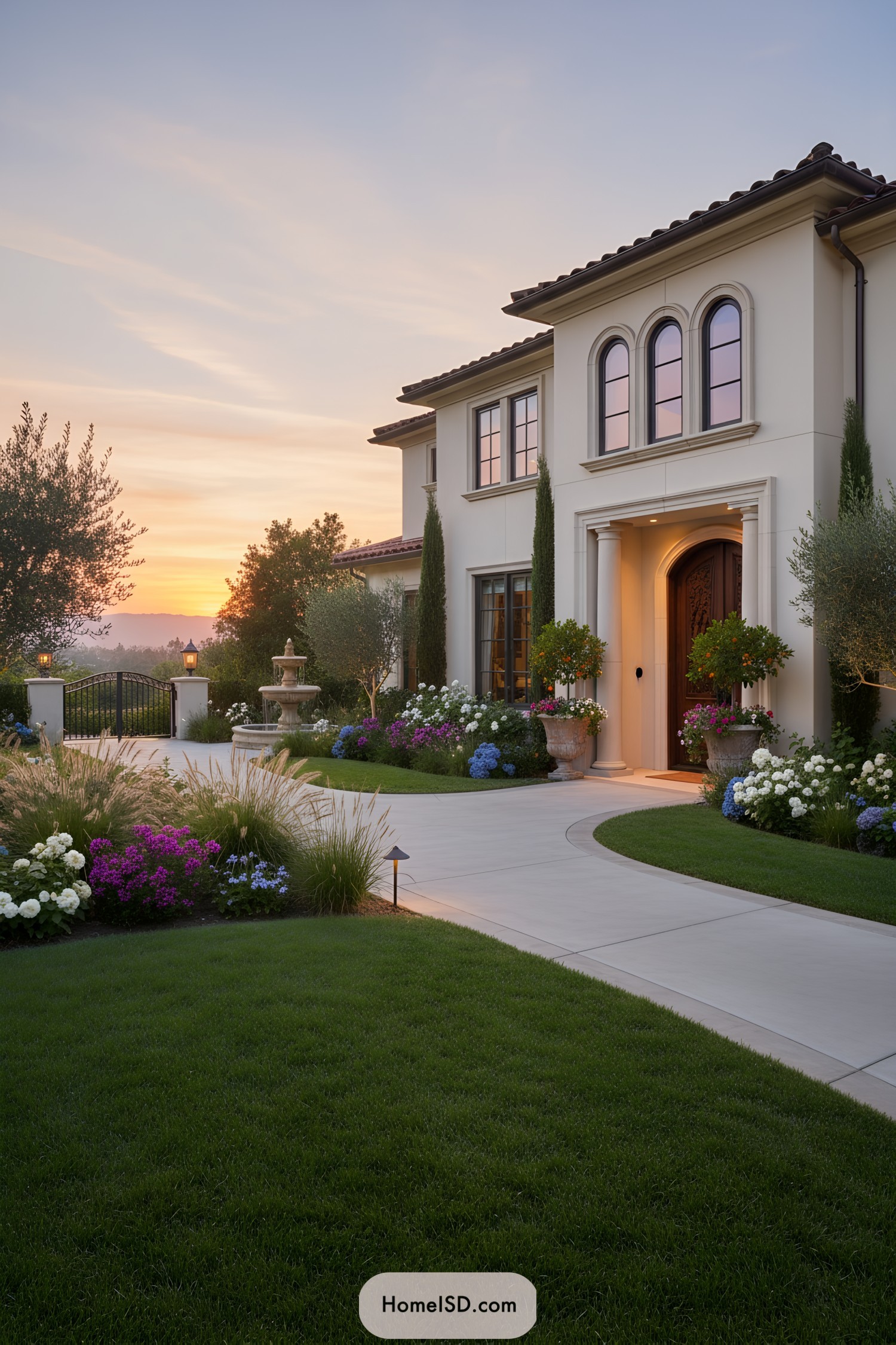 Beautiful entrance with colorful garden blooms