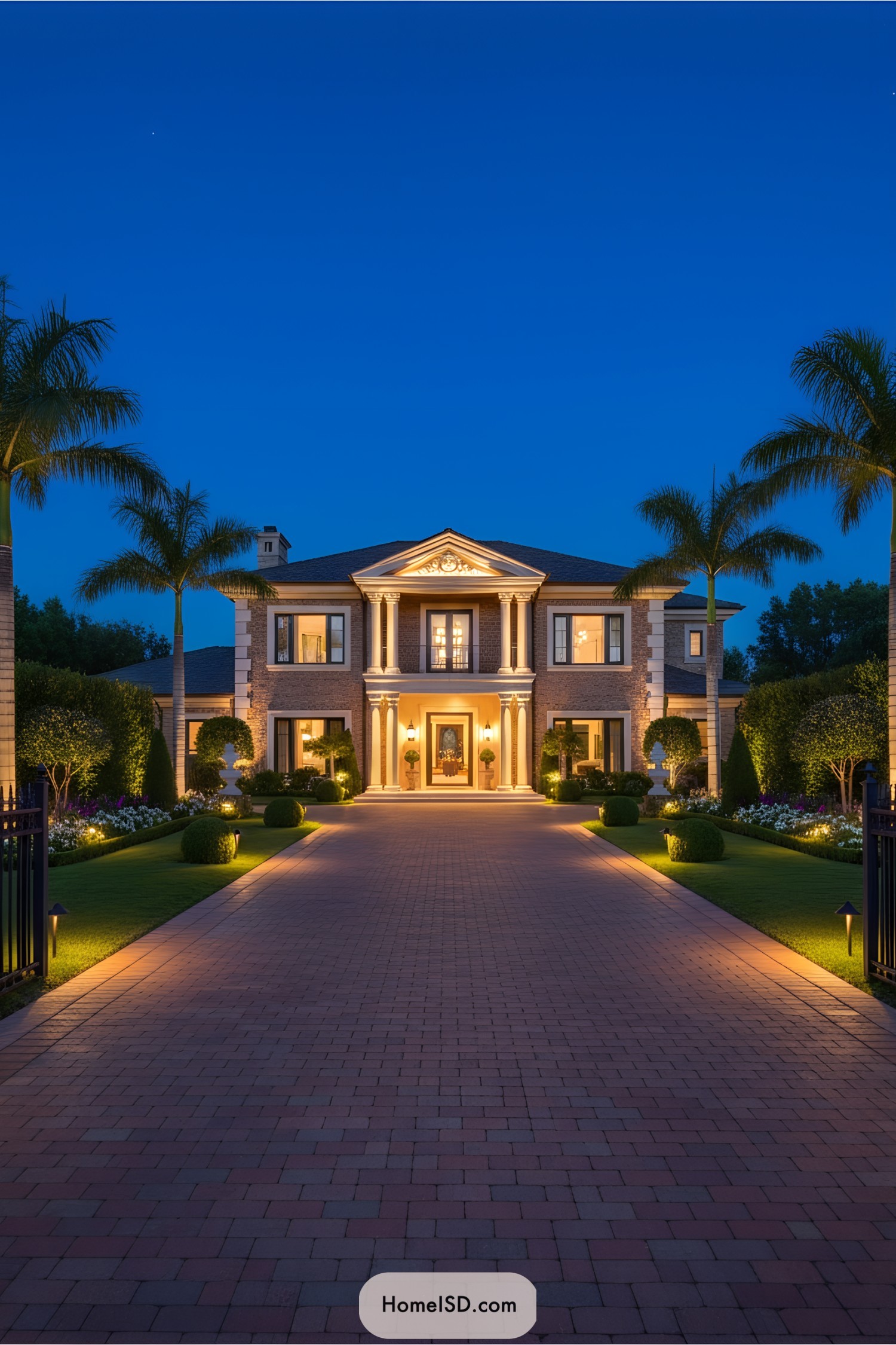 Illuminated driveway leading to a grand house at dusk